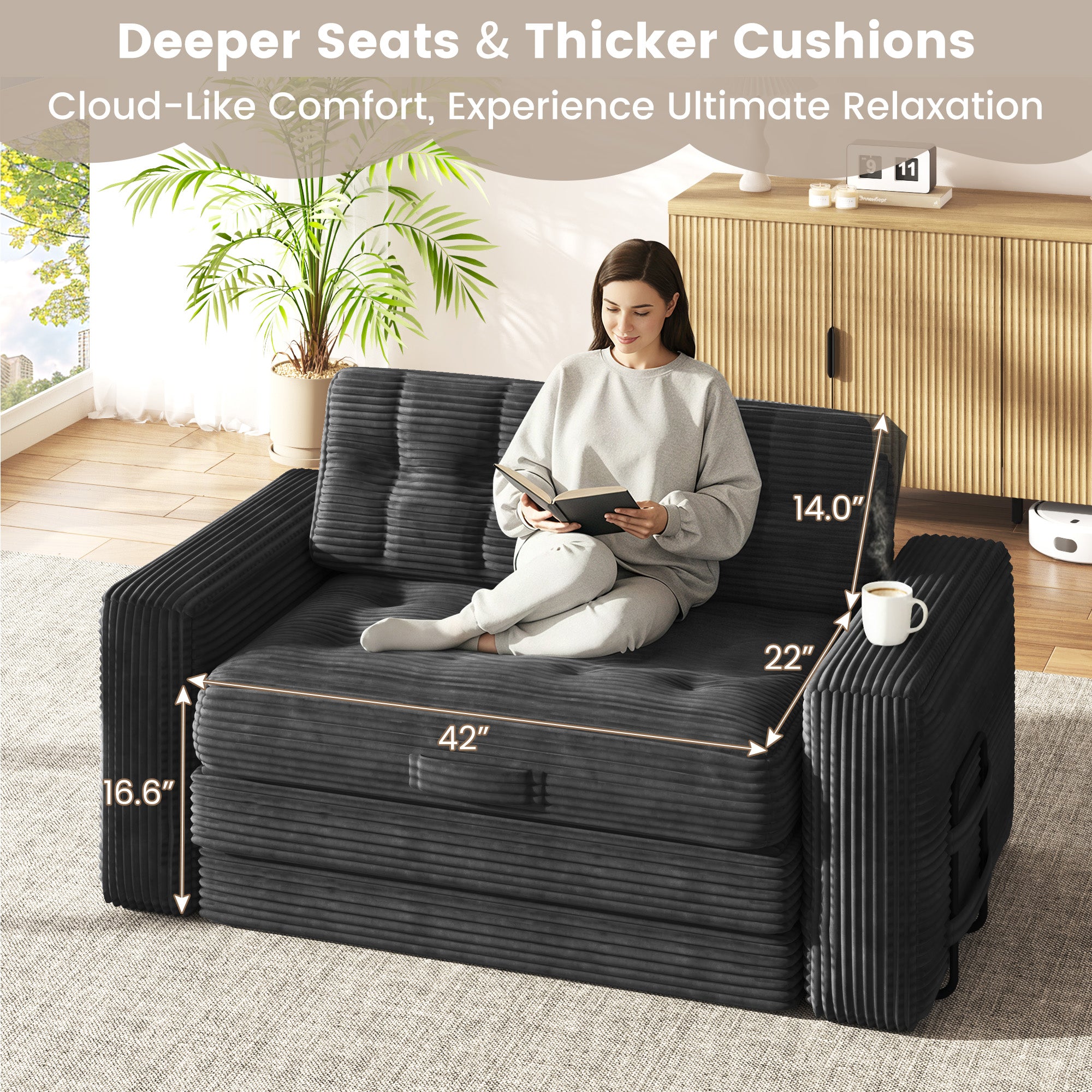HOMREST No Assembly Needed Convertible Sofa Bed, 2 in 1 Boneless Couch Bed with 2 Pillows, Black