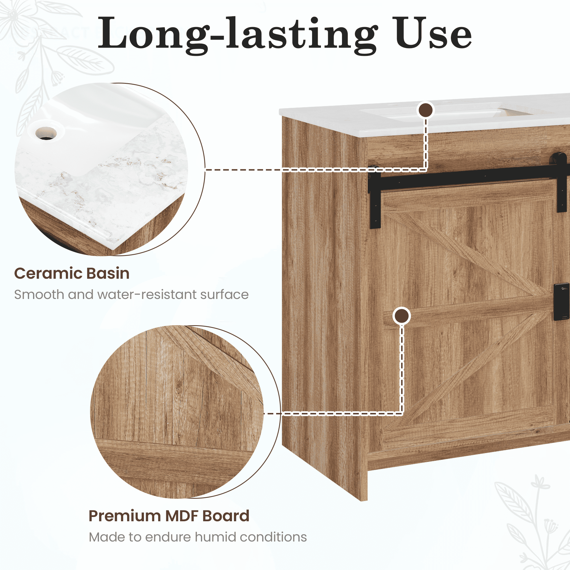 HOMREST 60" Farmhouse Double Bathroom Vanity with engineered stone top, Sliding Barn Door Sink Vanity, Brown