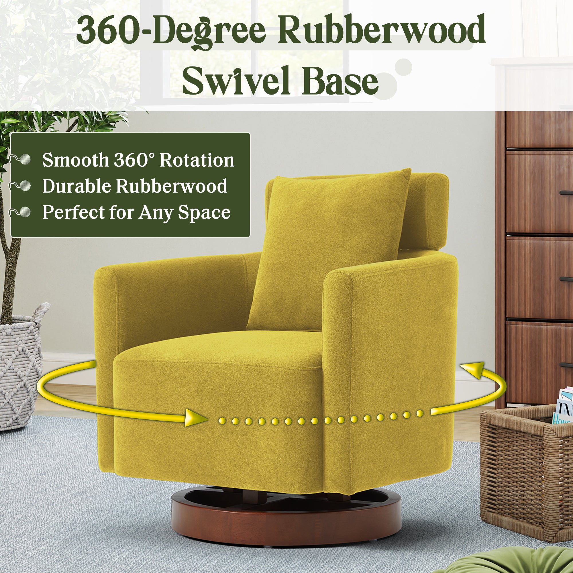 HOMREST Swivel Accent Chair, Armchair Barrel Chair with Adjustable Headrest Swivel Chair for Living Room Bedroom, with 360° Rotation and Thick Cushion, Mustard Yellow