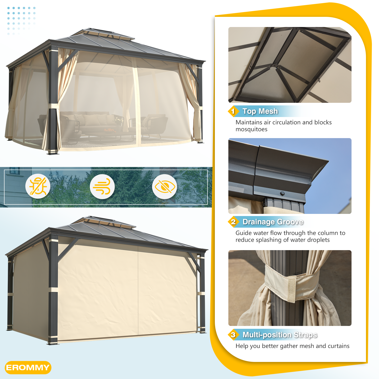 Homrest 12' x 14' Hardtop Permanent Outdoor Aluminum Patio Gazebo with Double Roof for Patio and Garden, Curtains and Netting