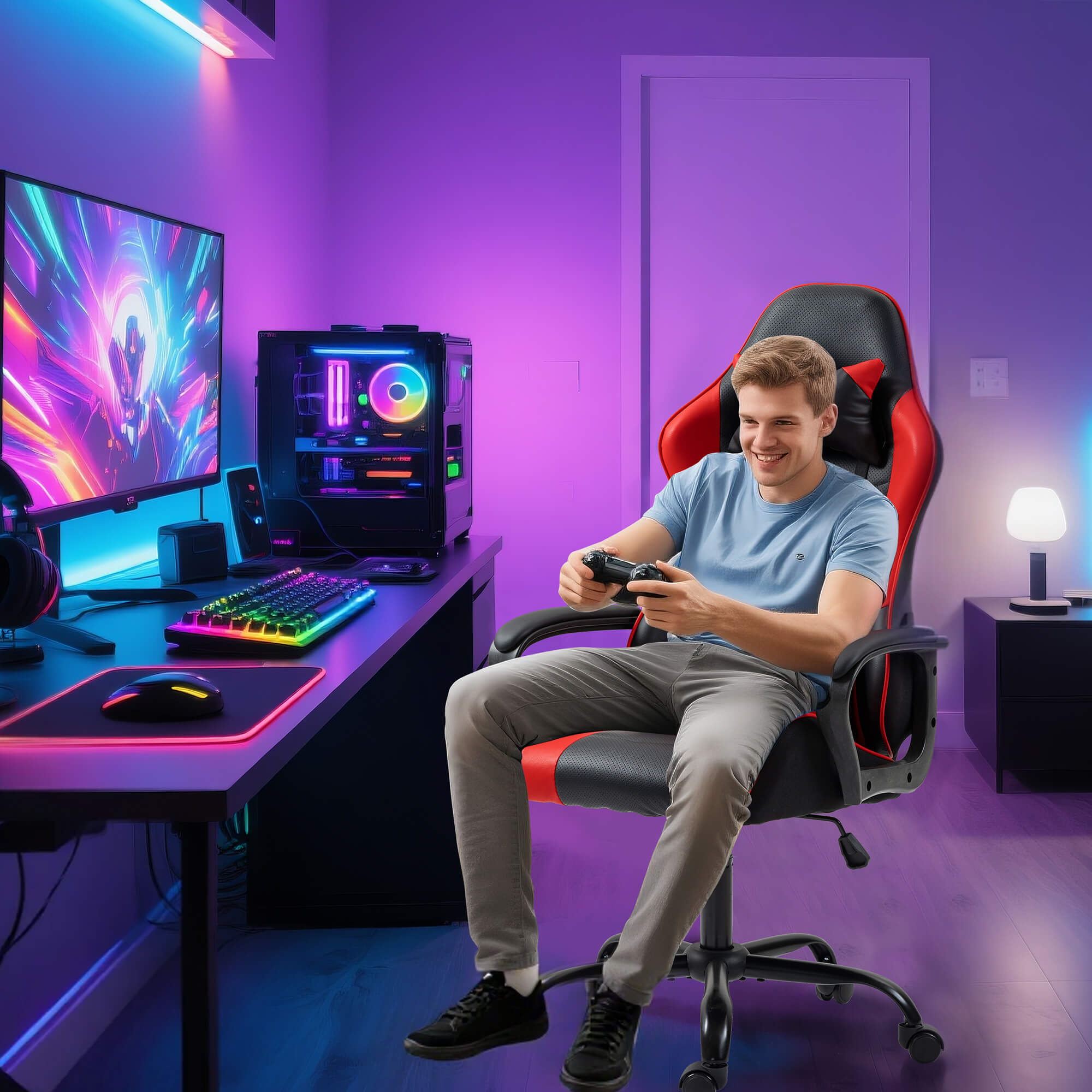HOMREST Gaming Chair, Ergonomic Computer Gamer Chair with Massage Lumbar Support & Rocking High Back, Height Adjustable, Red