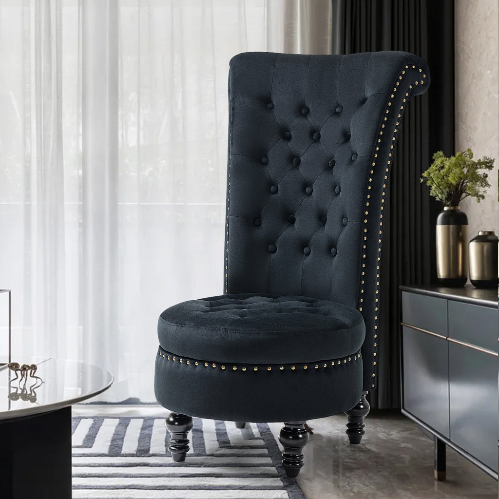 HOMREST High Back Throne Chair, Velvet Armless Royal Accent Chair w/Storage, Nailhead Trim & Rubberwood Legs for Living Room & Bedroom, Black