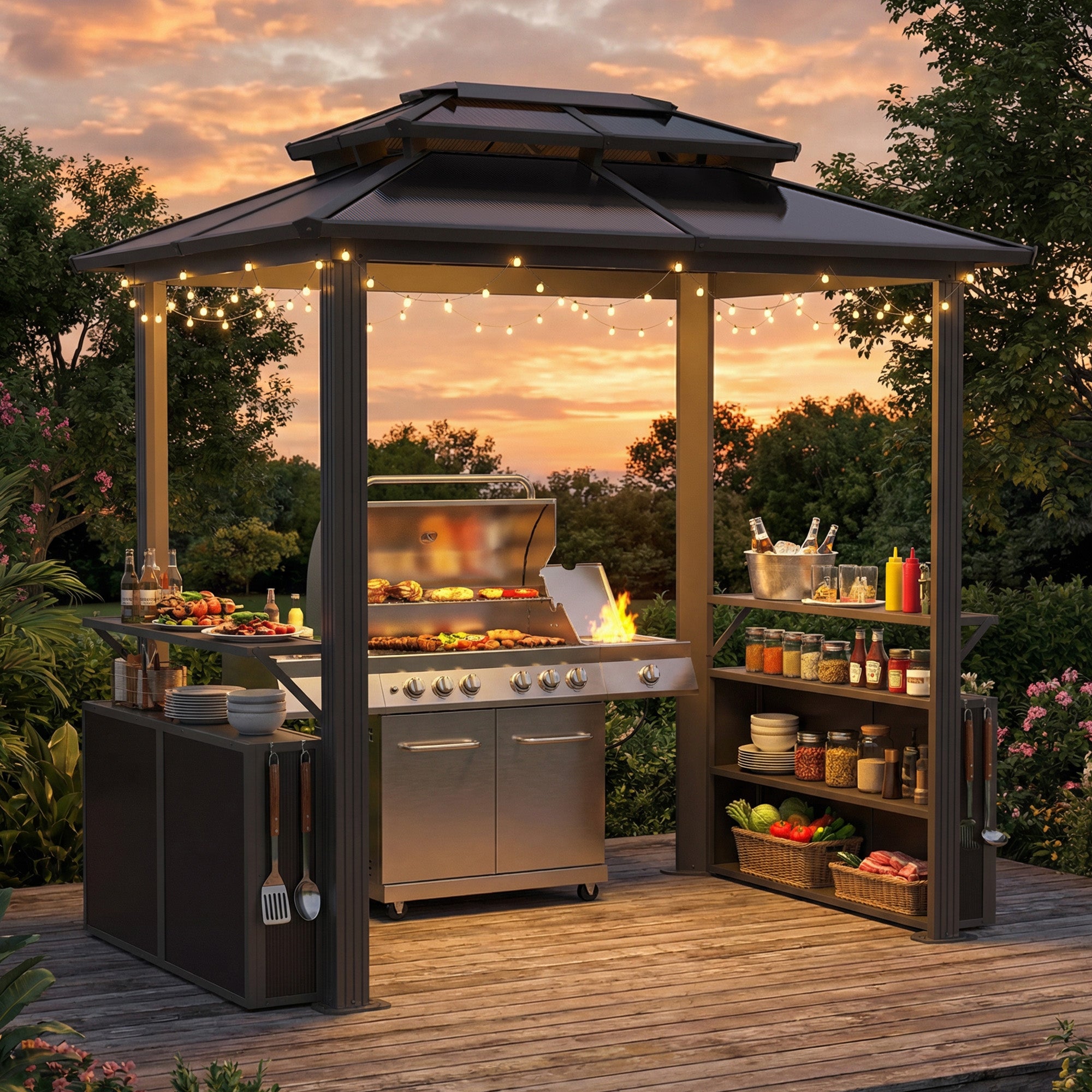 8' x 6' Hardtop Grill Gazebo, Outdoor Metal BBQ Gazebo with Storage Cabinet, Double Roof Hardtop Gazebo, Includes Ceiling Hooks, Suitable for Lawn, Courtyard and Garden