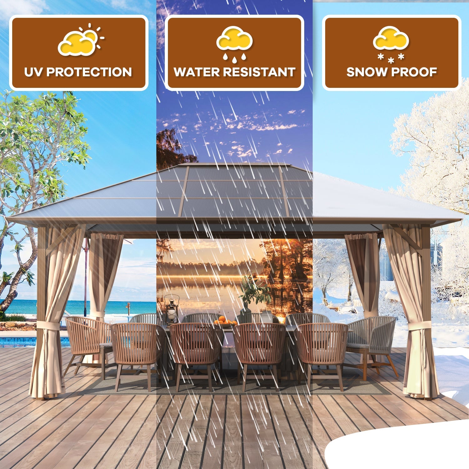 Homrest 12' x 16' Hardtop Gazebo, Outdoor Polycarbonate Roof Canopy, Aluminum Frame Permanent Pavilion, Sunshade