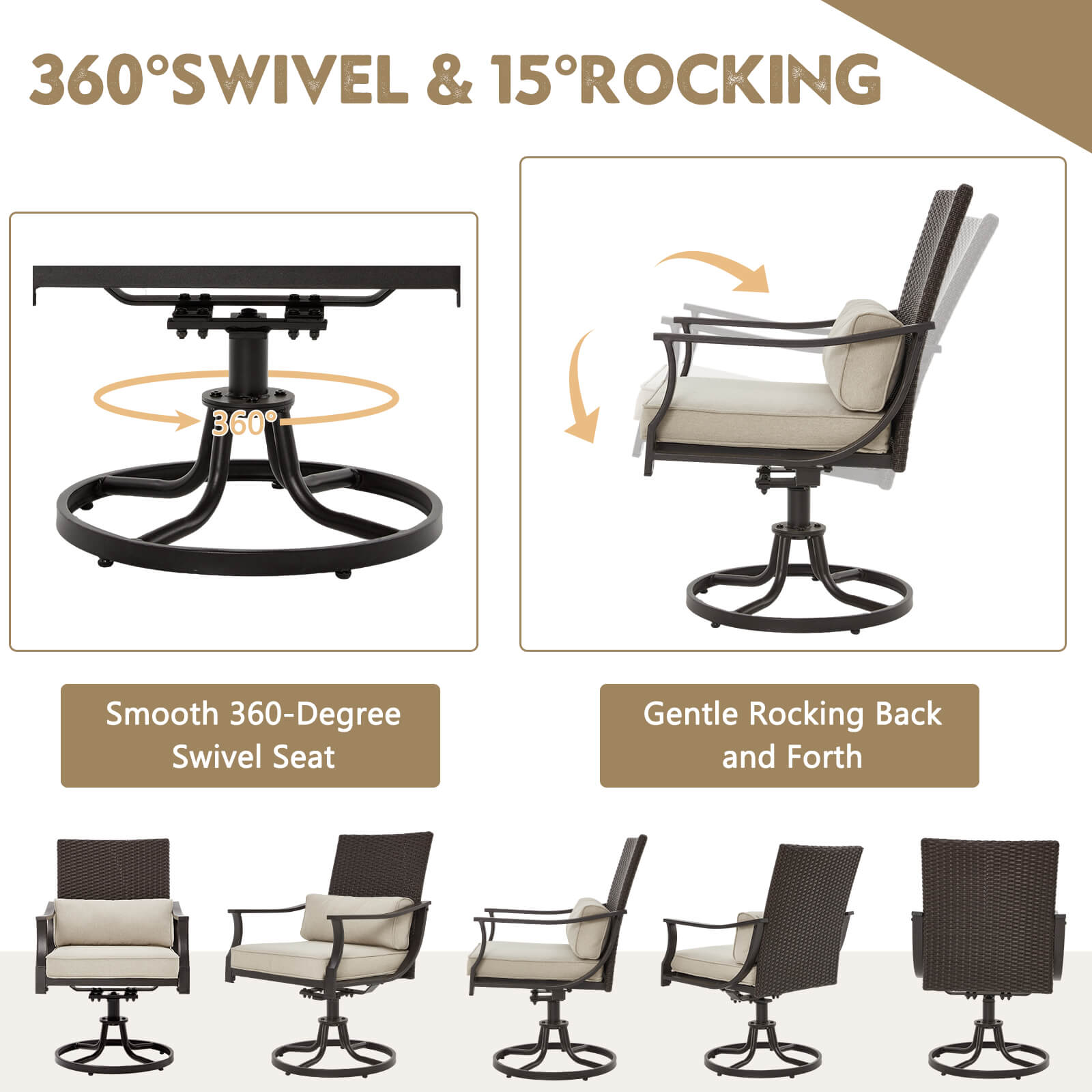 HOMREST 5-Piece Patio Dining Set, 4 Swivel Chairs & Large Round Table for Backyard, Deck, Patio