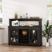 HOMREST 55" Farmhouse Bar Cabinet, Wine Coffee Bar Cabinet With Led Lights And Sliding Barn Door, Home Bar With Wine Racks And Glass Holder,  Walnut