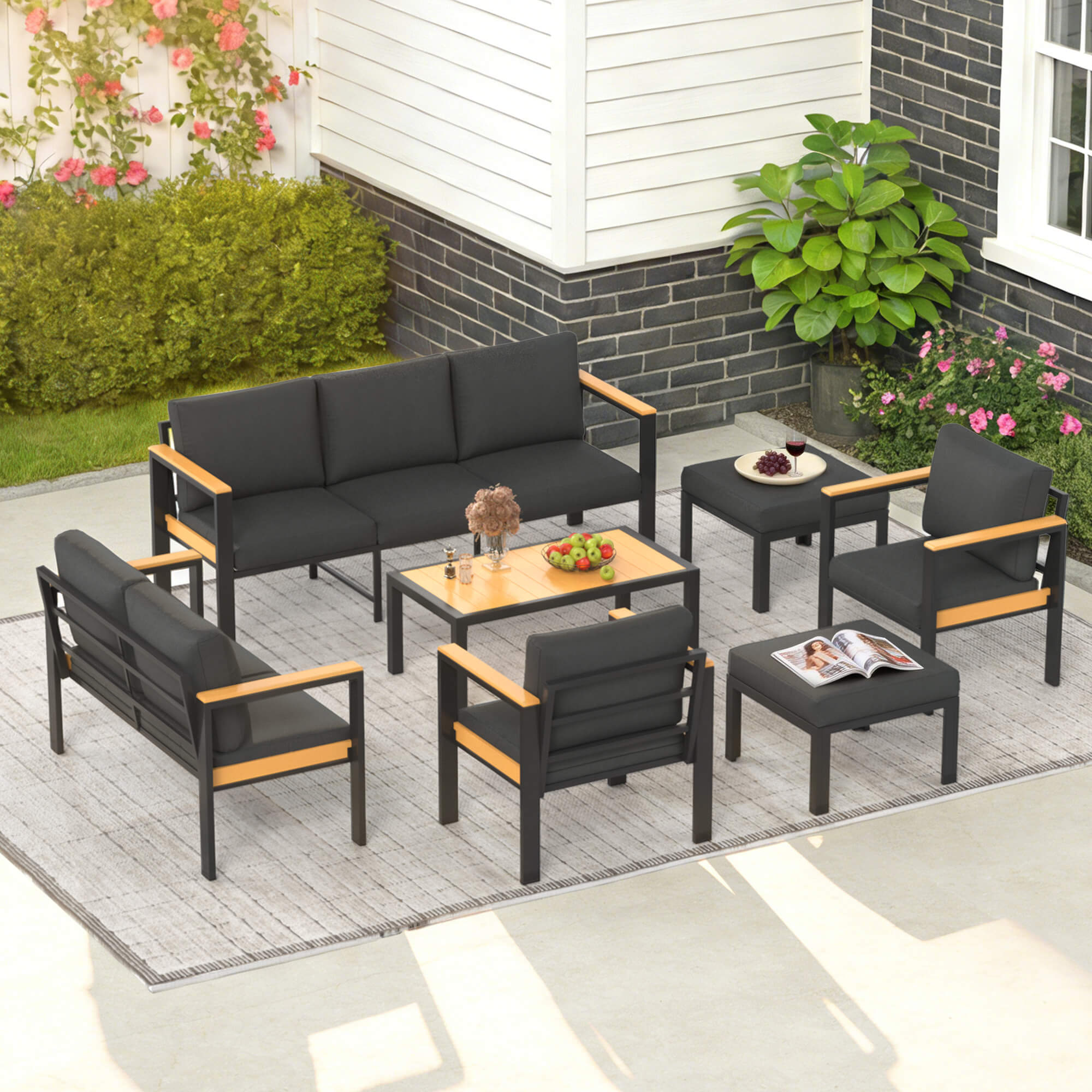 HOMREST 7 Piece Patio Furniture Set, Metal Patio Conversation Set with Coffee Table, All-Weather Outdoor Furniture, Black