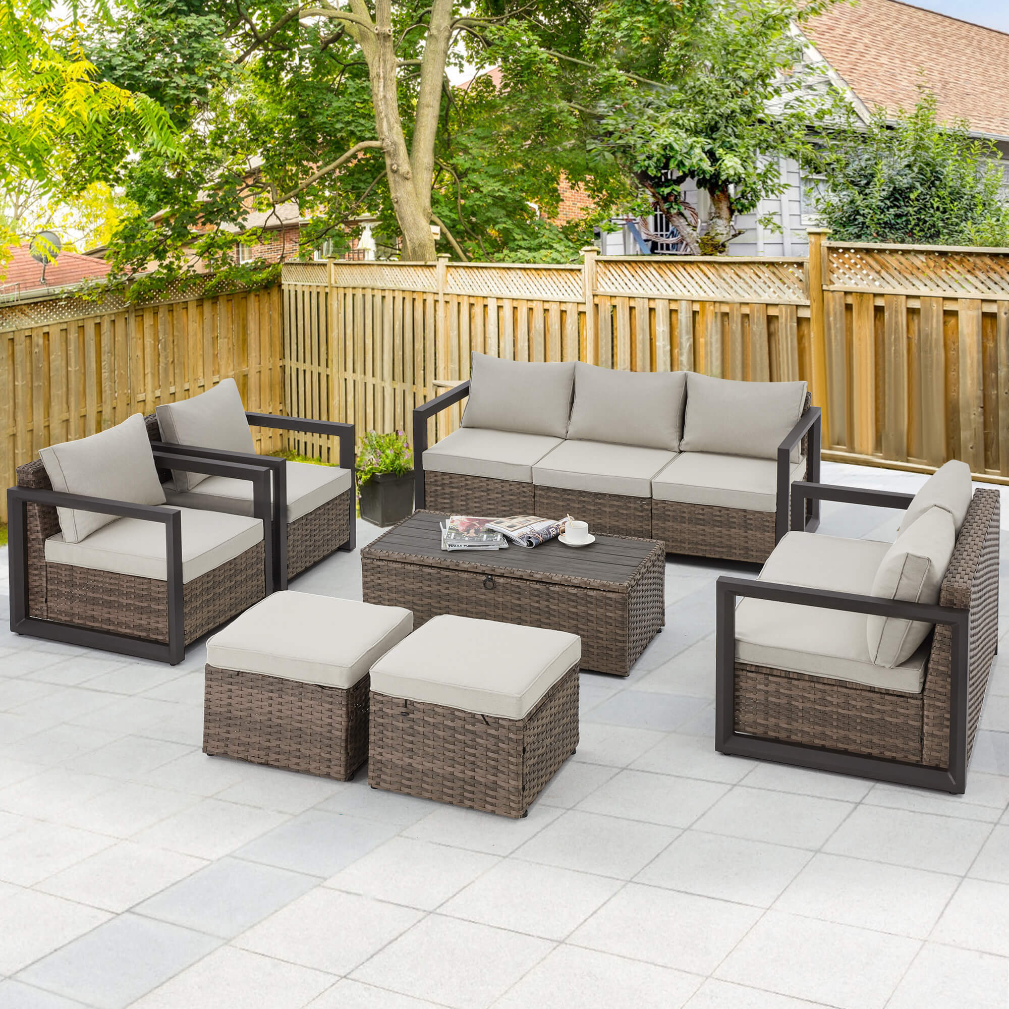 HOMREST 7 Pieces Aluminum Patio Furniture Set, PE Rattan Sectional Sofa Set with Storage Table, Modern Patio Conversation Sets w/ 2 Ottomans, Beige