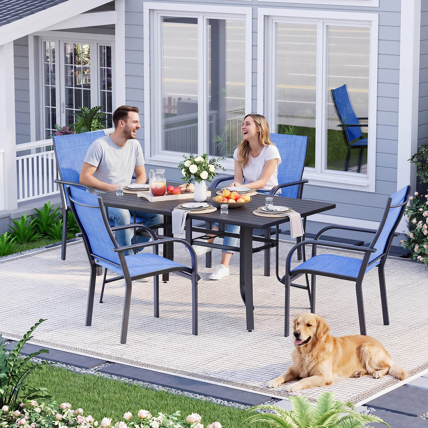 HOMREST Patio Chairs Set of 4, 330 LBS Capacity, 17.83" Widened Outdoor Dining Chairs with All Weather Quick-Drying Textilene & Metal Frame, Blue