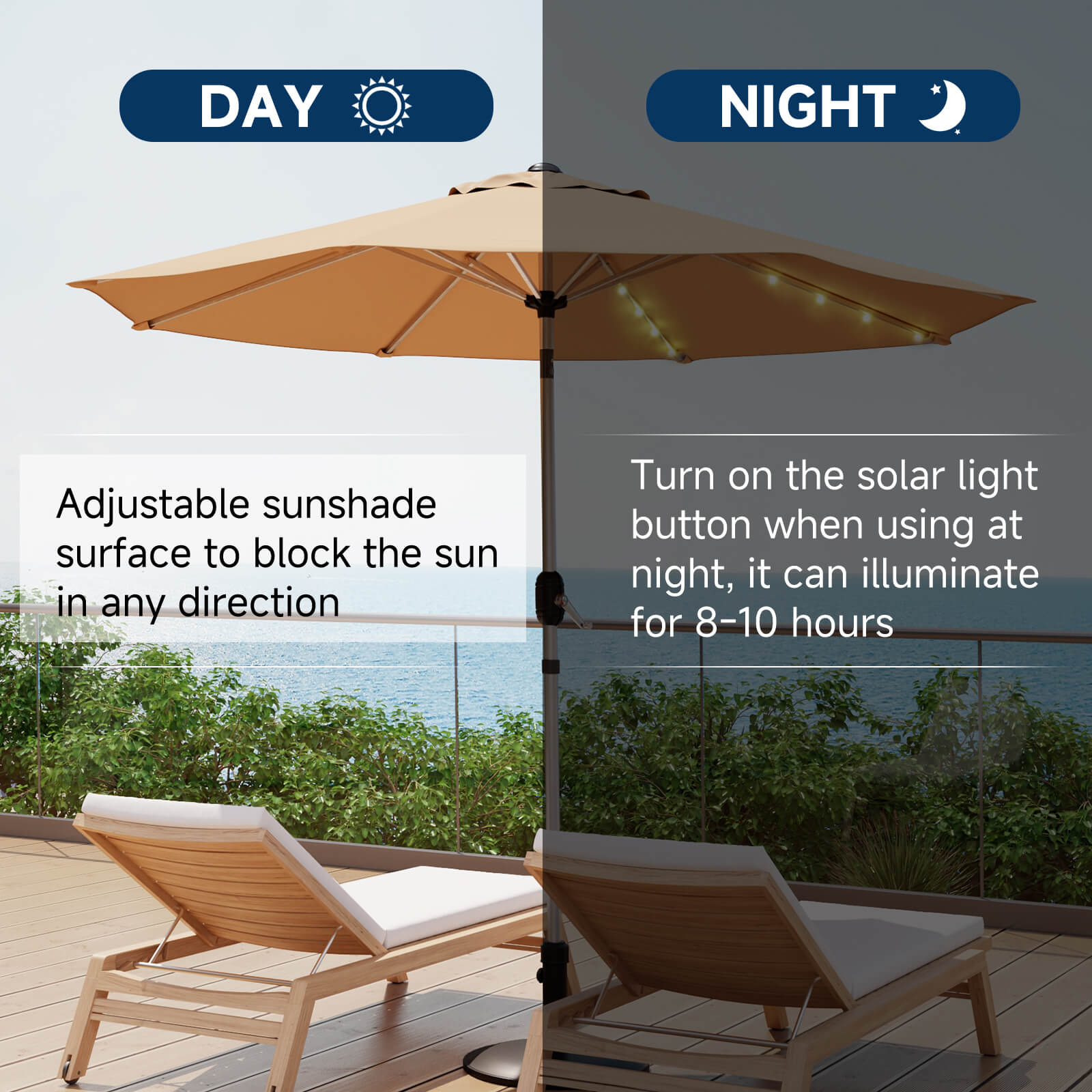 Homrest 9FT Solar Patio Umbrella, Fade-Resistant Outdoor Market Umbrella with Tilt, 8 Aluminum Ribs for Gardens,Beige