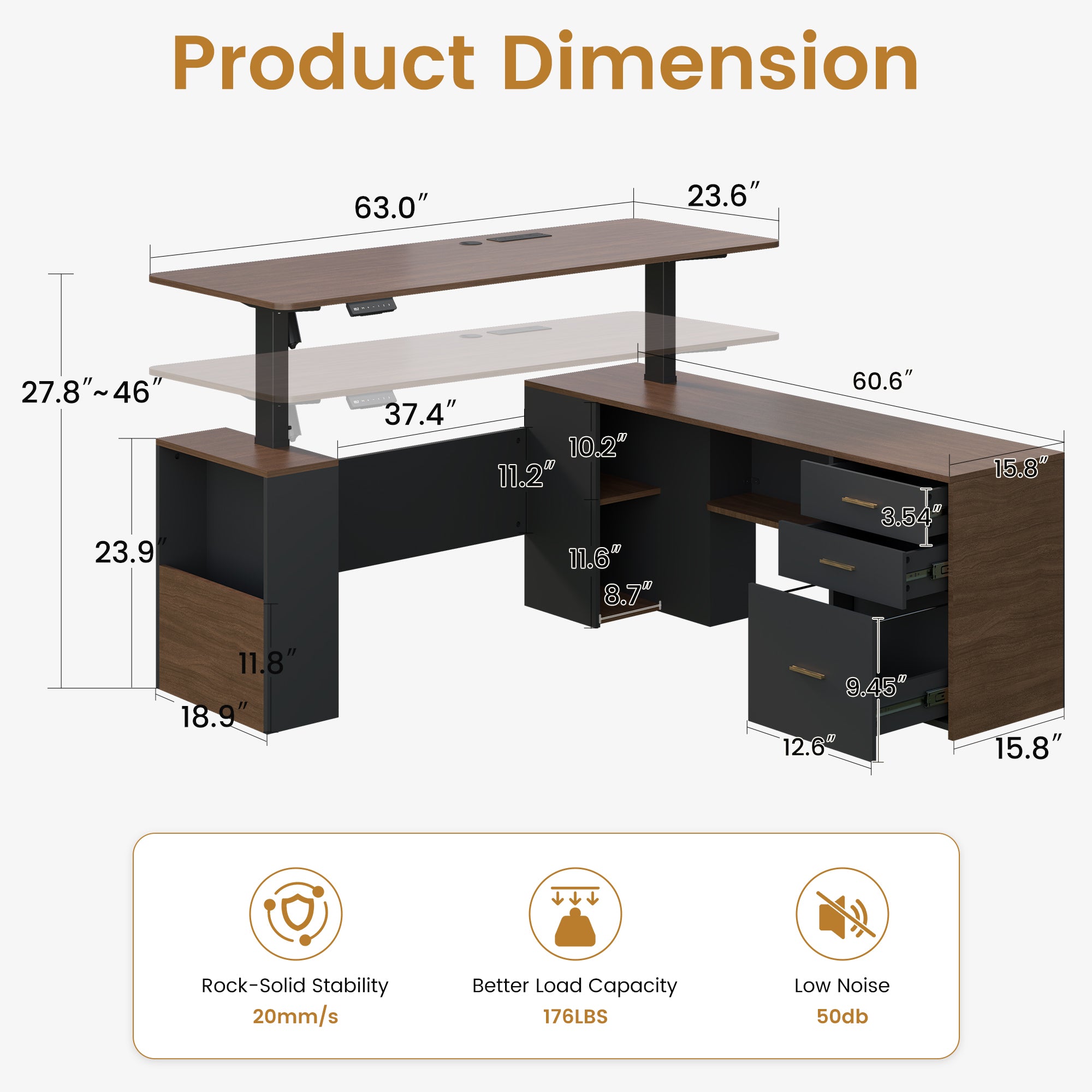 HOMREST 63" L Shaped Electric Standing Desk with Storage, Executive Adjustable Height with Power Outlets and Privacy Panel, Walnut Black