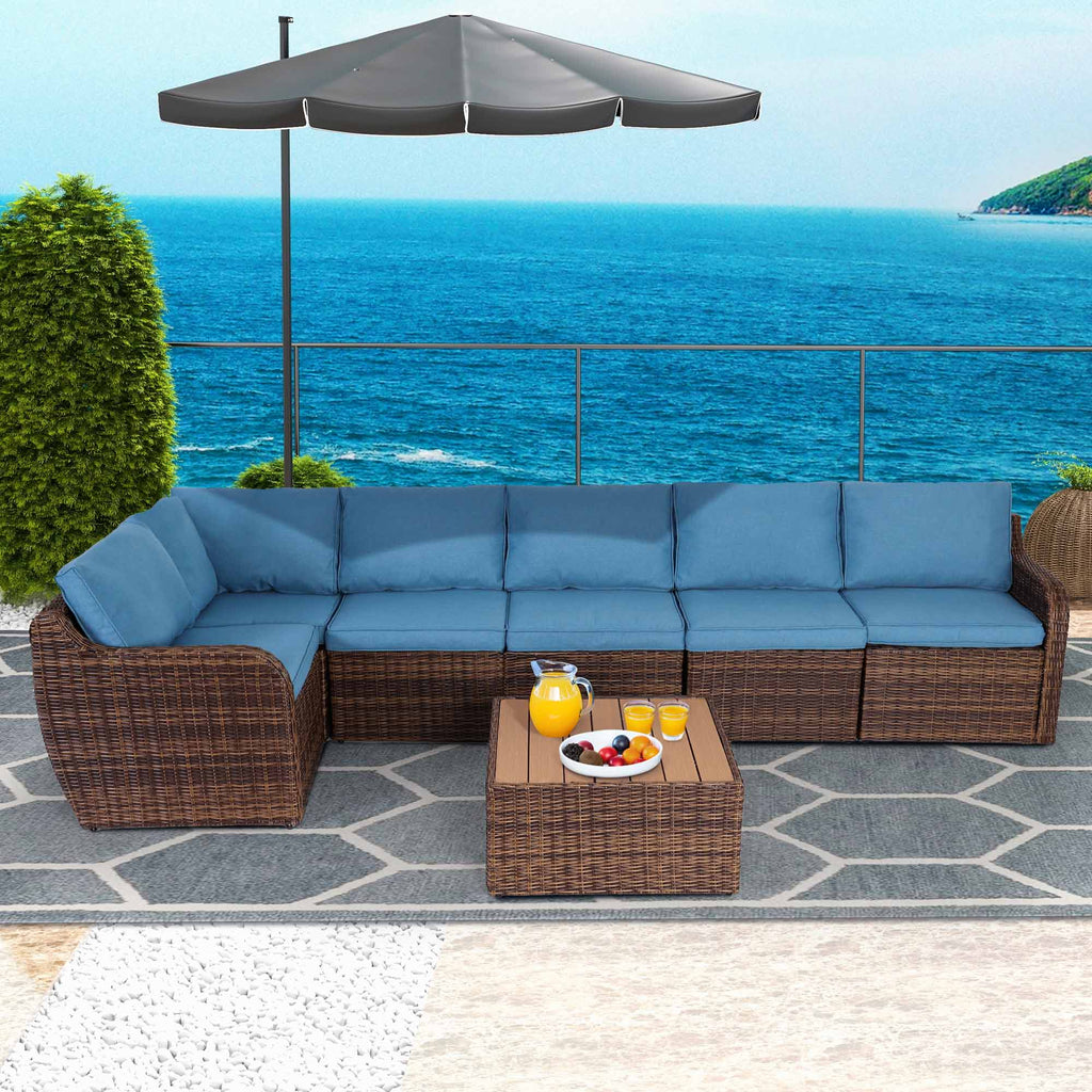Homrest 7 pieces patio furniture set, rattan wicker sectional sofa set with coffee table for garden, backyard, blue