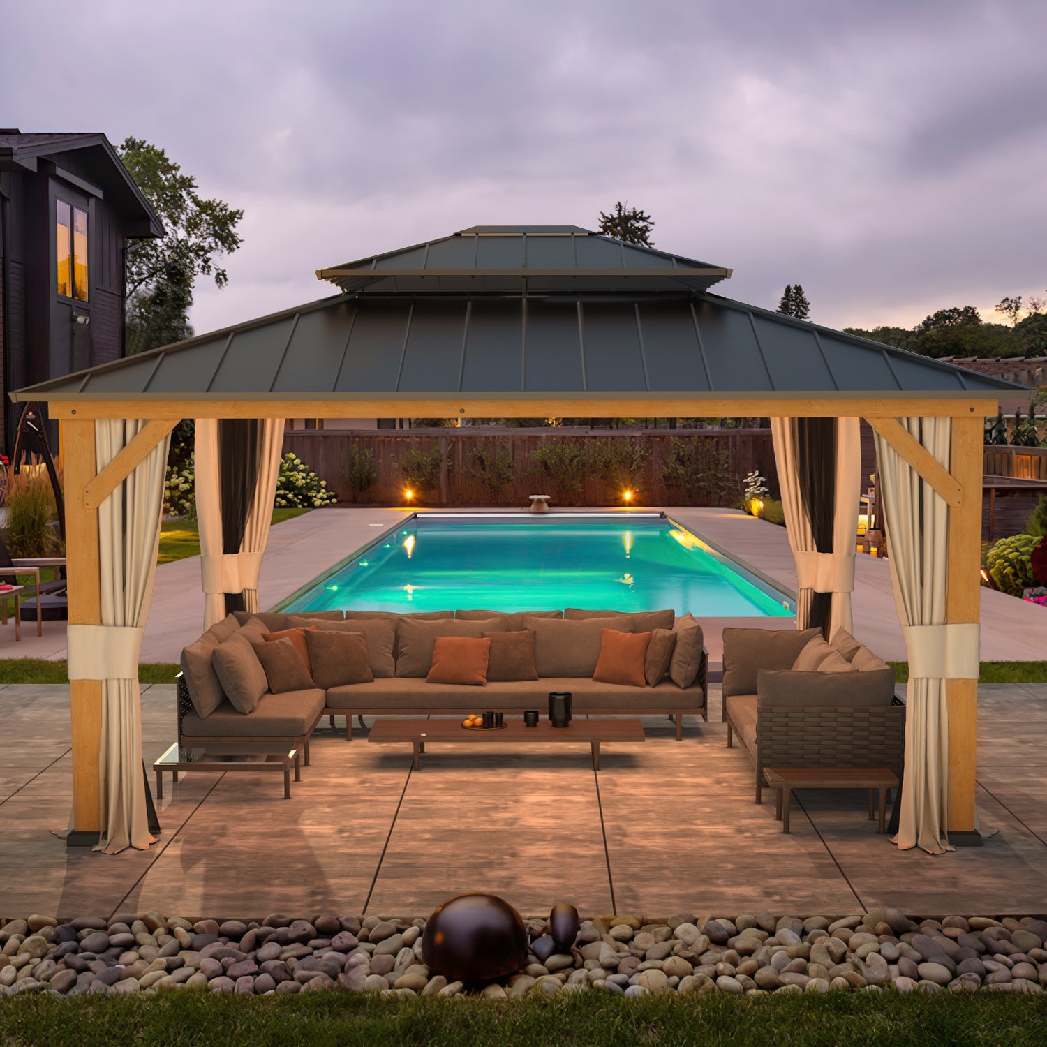 Homrest 13' x 15' Outdoor Cedar Wood Hardtop Gazebo w/ Double Metal Roof, Curtains & Nettings