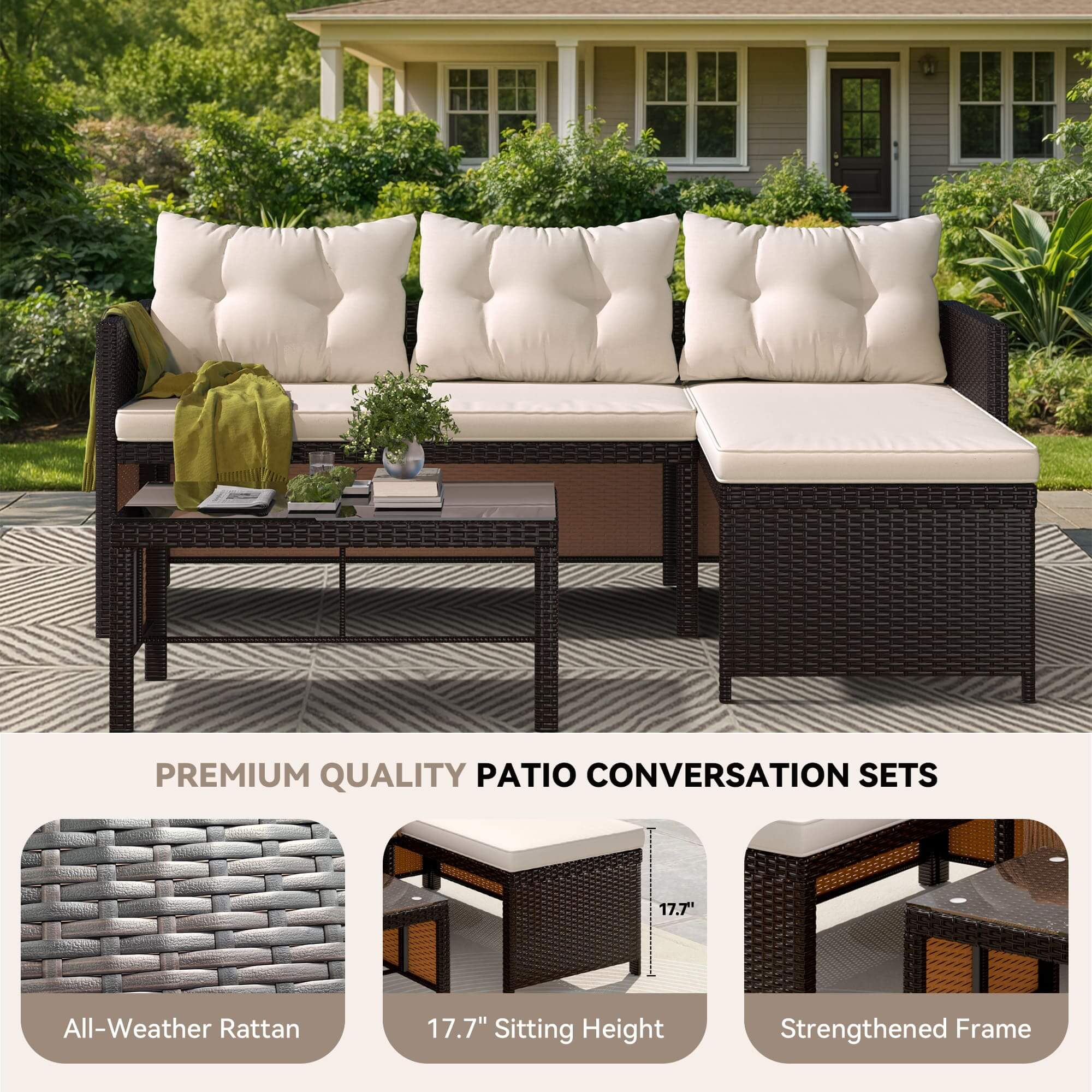 HOMREST 3 Piece Outdoor Patio Furniture Set, All-Weather PE Rattan Sofa Set with Glass Table & Cushions, Khaki