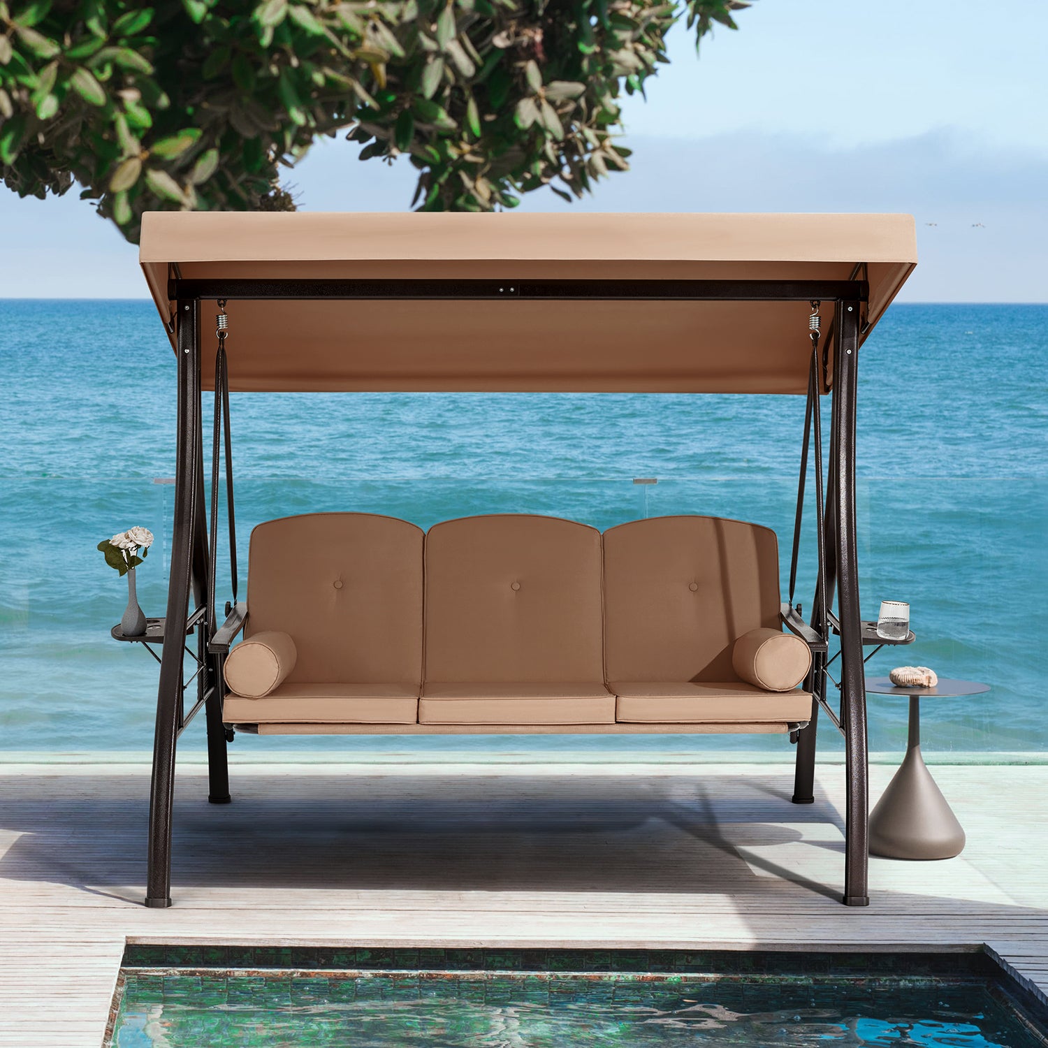 3-Seat Outdoor Porch Swing with Adjustable Canopy and Backrest, Brown | Homrest furniture
