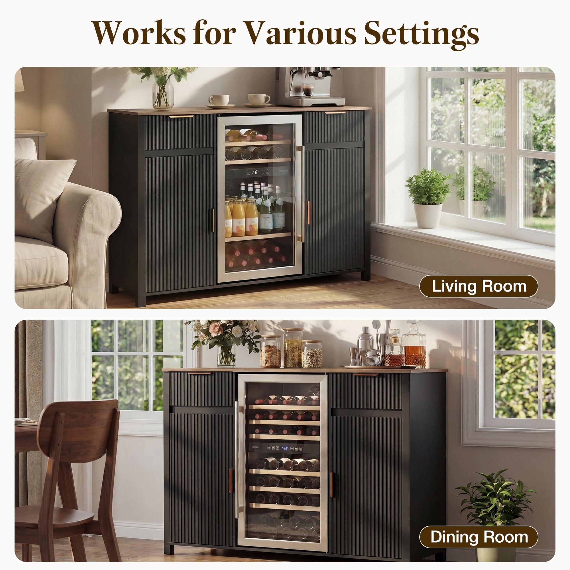HOMREST 53" Large Coffee Bar Cabinet with Fridge Space & Power Outlet, Mini Fridge Cabinet with Drawer & Door Storage, Wine Bar & Buffet Sideboard for Kitchen and Dining Room, Liquor Cabinet, Black