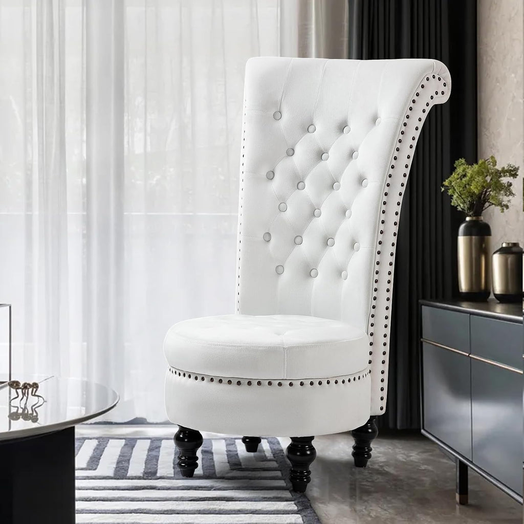 HOMREST High Back Throne Chair, Velvet Armless Royal Accent Chair w/Storage, Nailhead Trim & Rubberwood Legs for Living Room & Bedroom, White