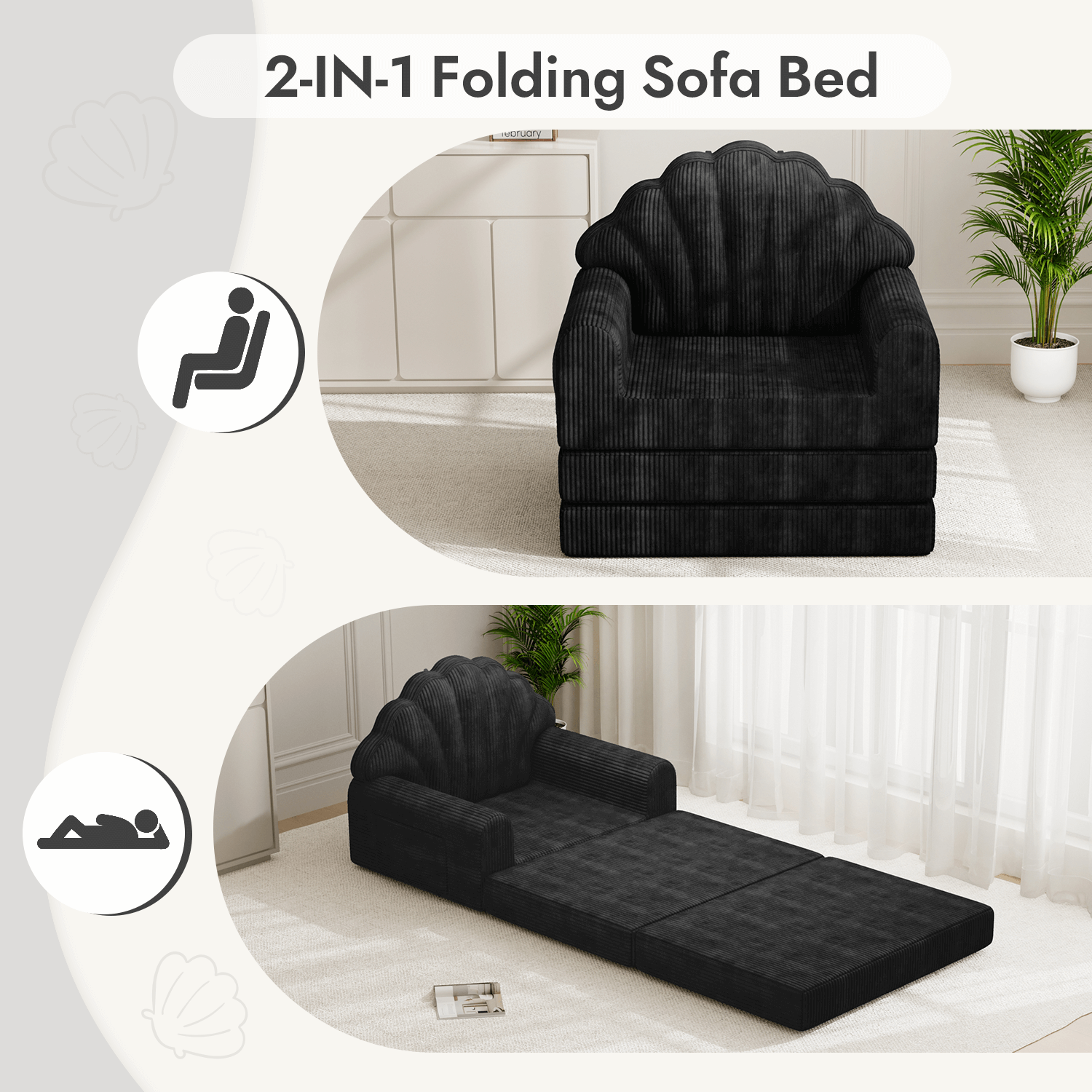 HOMREST 2-in-1 Folding Sofa Bed with Back Support, 75" D x 34" W Convertible Futon Sleeper Chair for Living Room Bedroom Small Spaces, Black