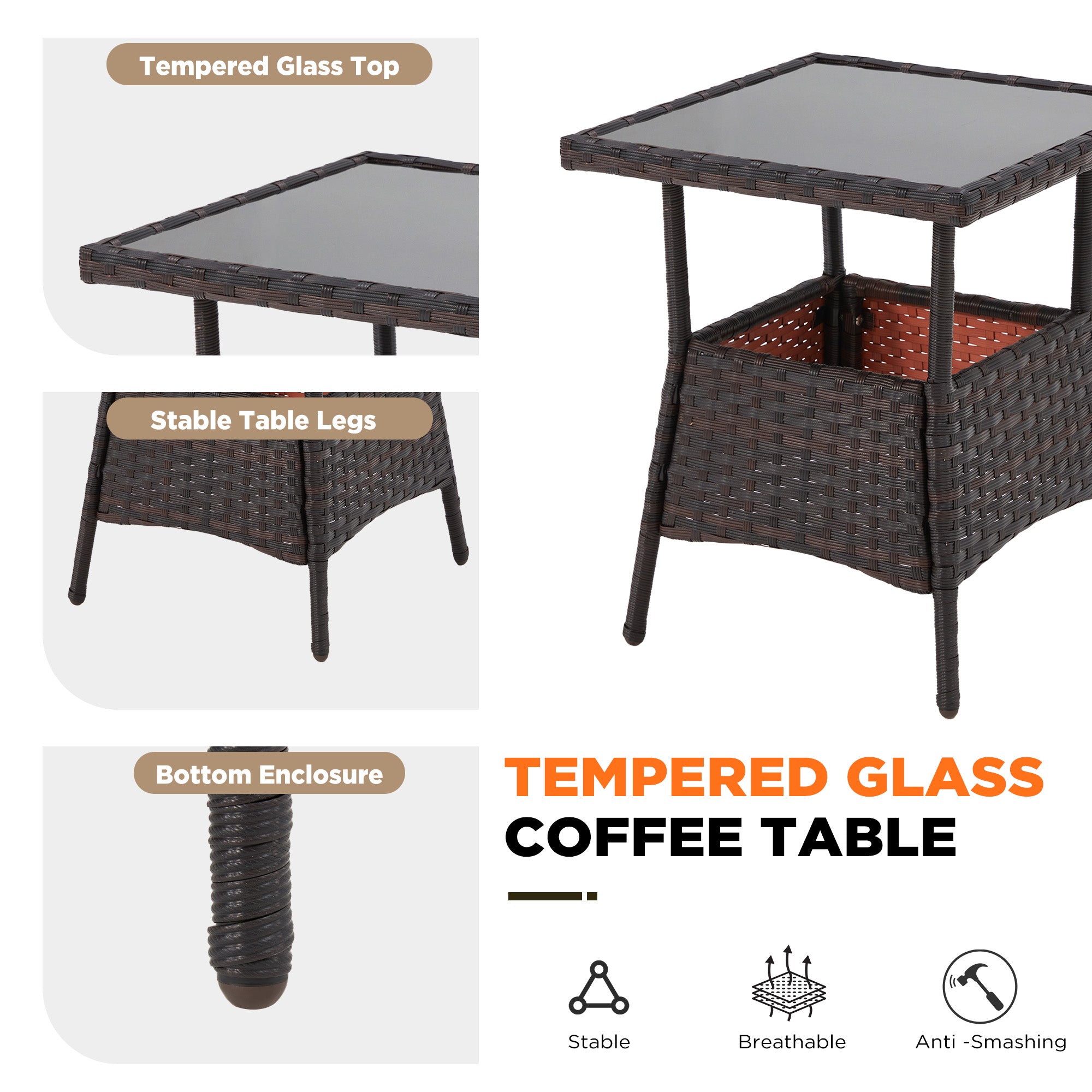 HOMREST 3-Piece Rattan Rocking Bistro Set with Glass Coffee Table for Porch & Garden