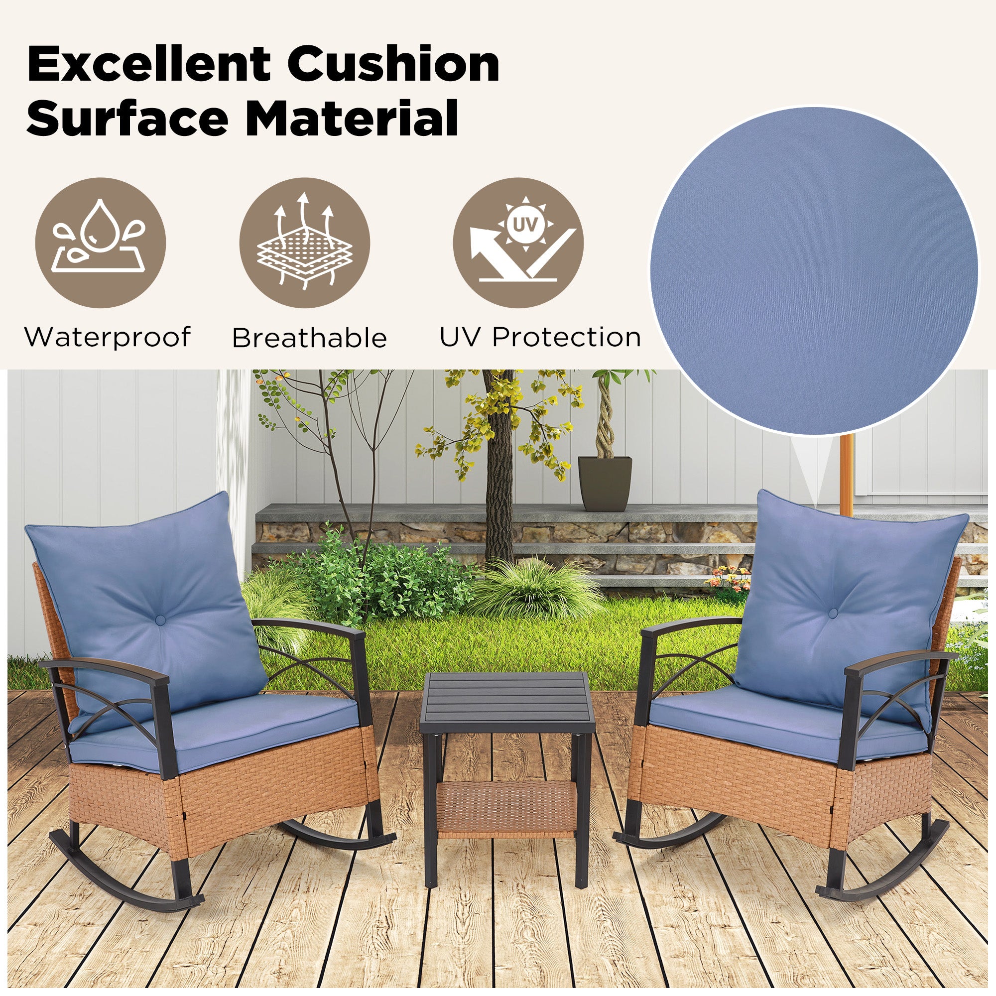 HOMREST 3-Piece Bistro Set: Outdoor Rattan Rocking Chairs with Cushions and Coffee Table