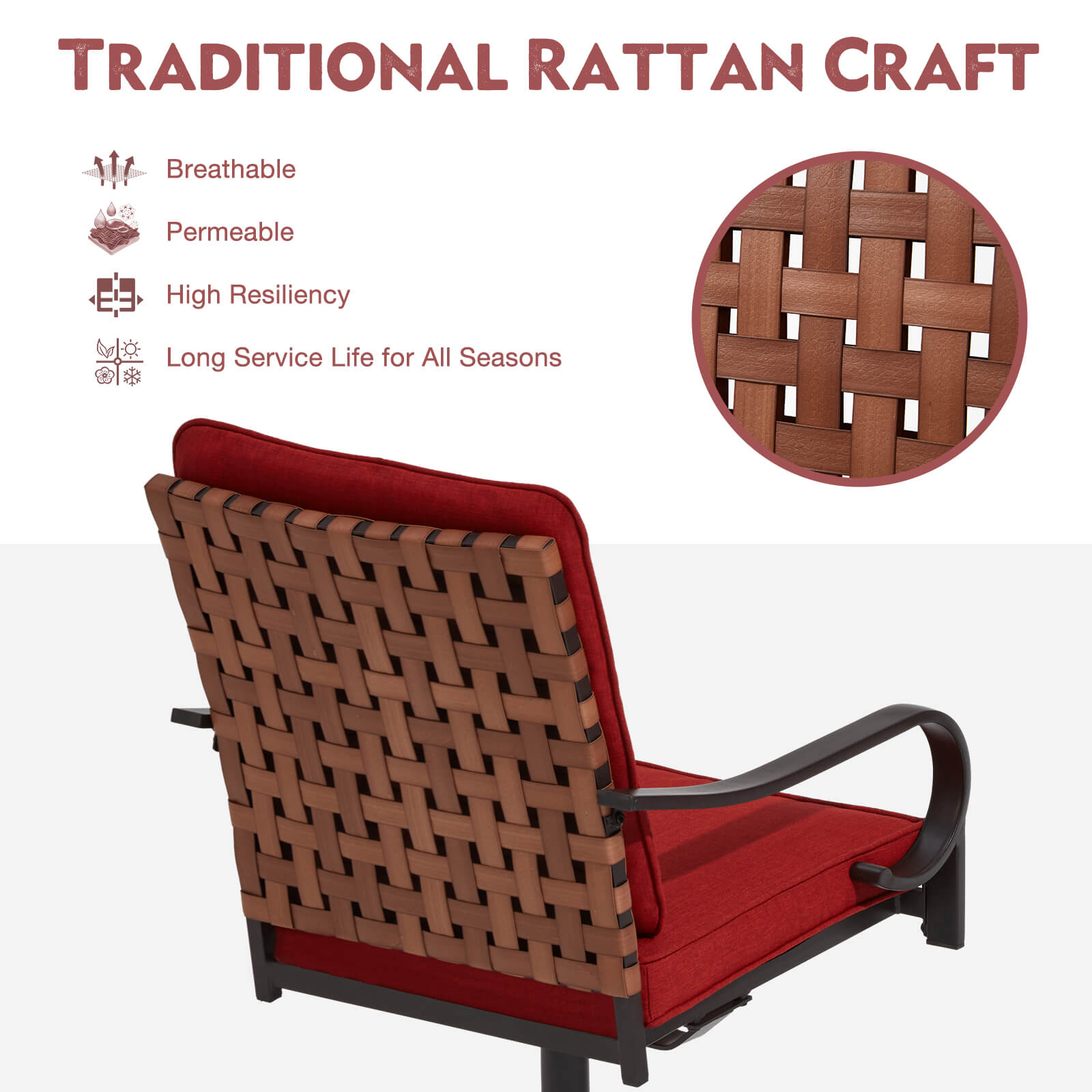 HOMREST Swivel Patio Chairs Set of 2 with Thickened Cushions, Red