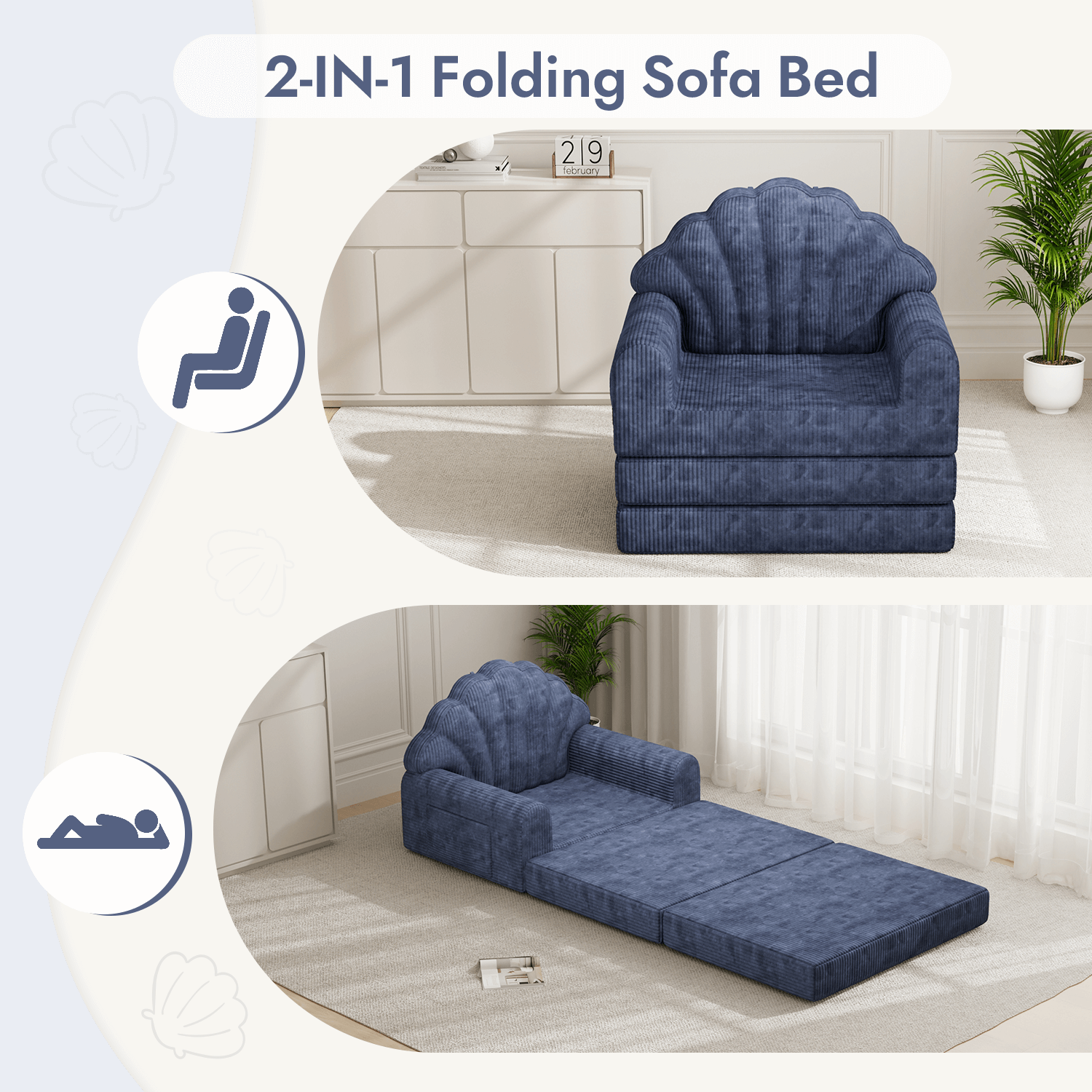 HOMREST 2-in-1 Folding Sofa Bed with Back Support, 75" D x 34" W Convertible Futon Sleeper Chair for Living Room Bedroom Small Spaces, Navy Blue