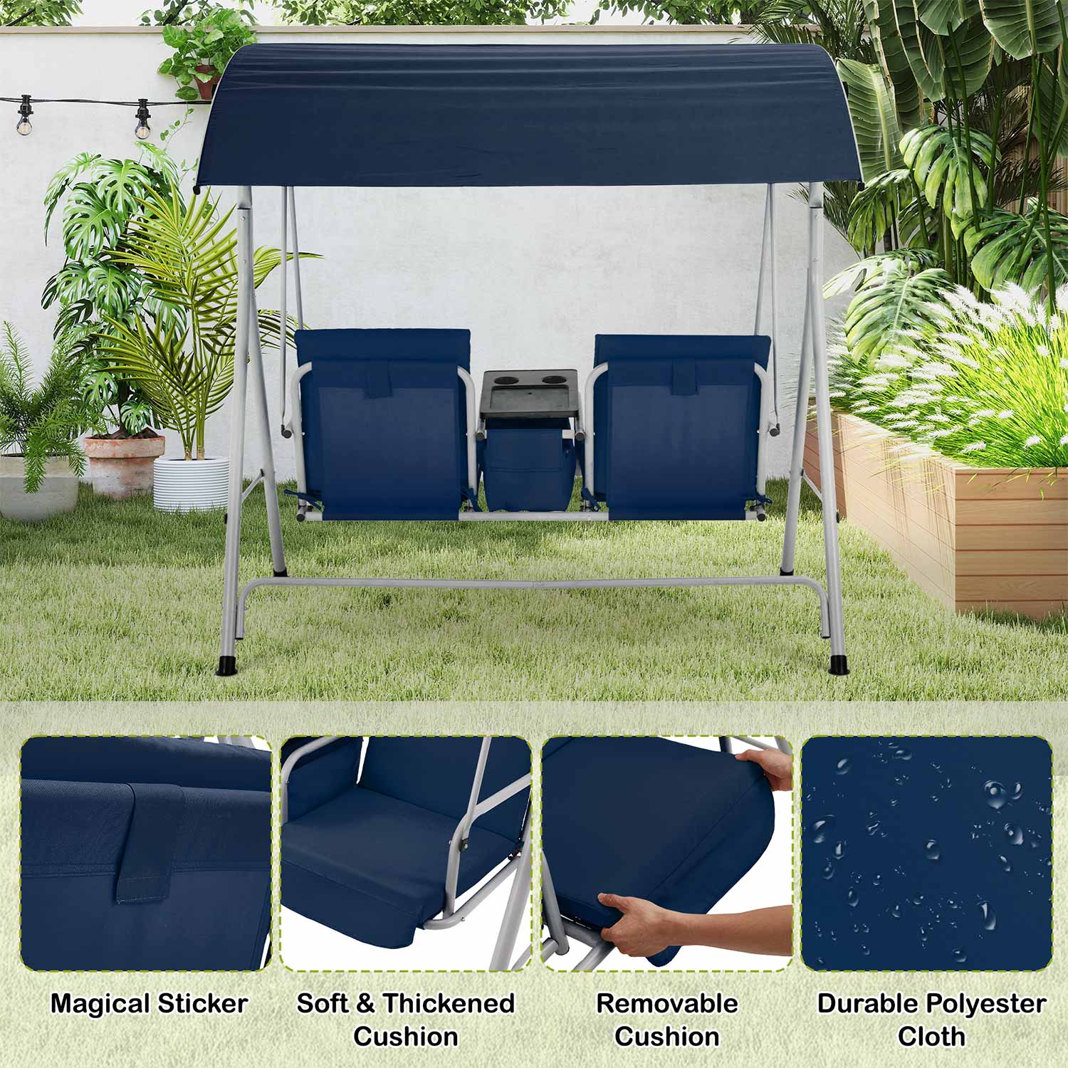 Homrest 2 Seat Outdoor Porch Swing with Adjustable Canopy, Navy Blue