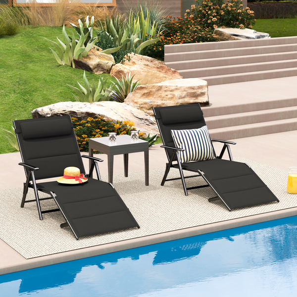 Outdoor 2 Sets Folding Lounge Chair Reclining Adjustable Lightweight Chaise Lounge Chairs with 7-Position Adjustable Backrest for Patio, Beach and Swimming Poolside,Black
