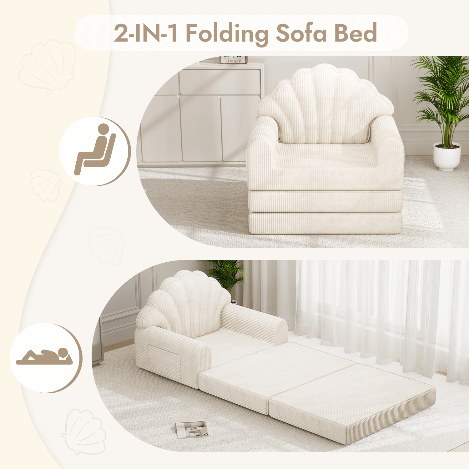 HOMREST 2-in-1 Folding Sofa Bed with Back Support, 75" D x 34" W Convertible Futon Sleeper Chair for Living Room Bedroom Small Spaces, Beige