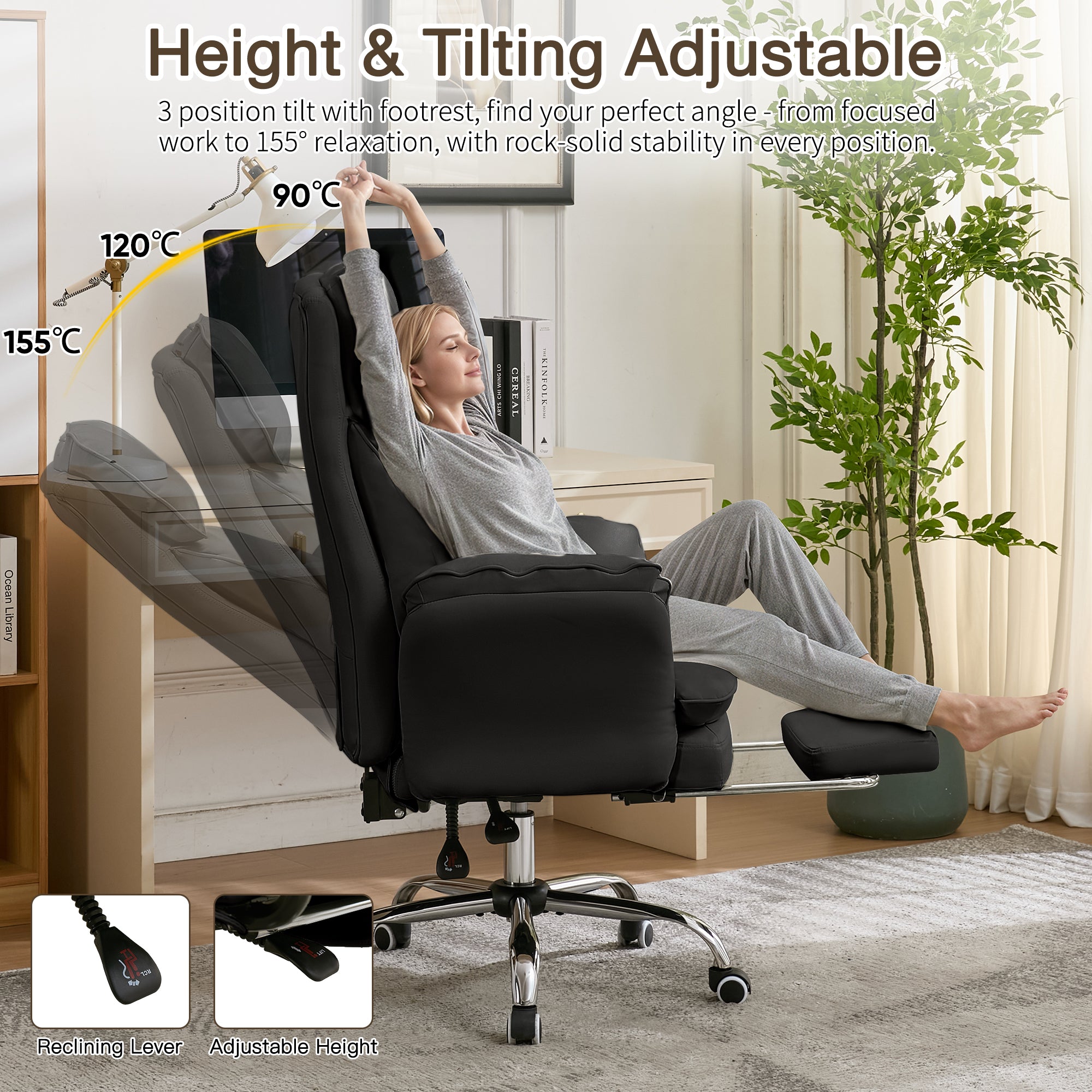 HOMREST Cloud Cross Legged Office Chair with Footrest,Leather Big and Tall Executive Ergonomic Chair,155° Reclining Computer Wide Desk Chair, Black