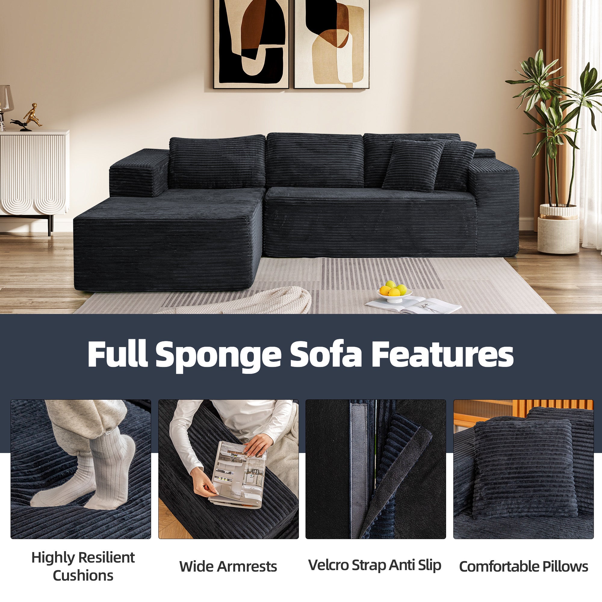 HOMREST 106 inch Cloud Sectional Couch with Chaise Lounge for Living Room Bedroom Apartment, Corduroy Fabric, Black