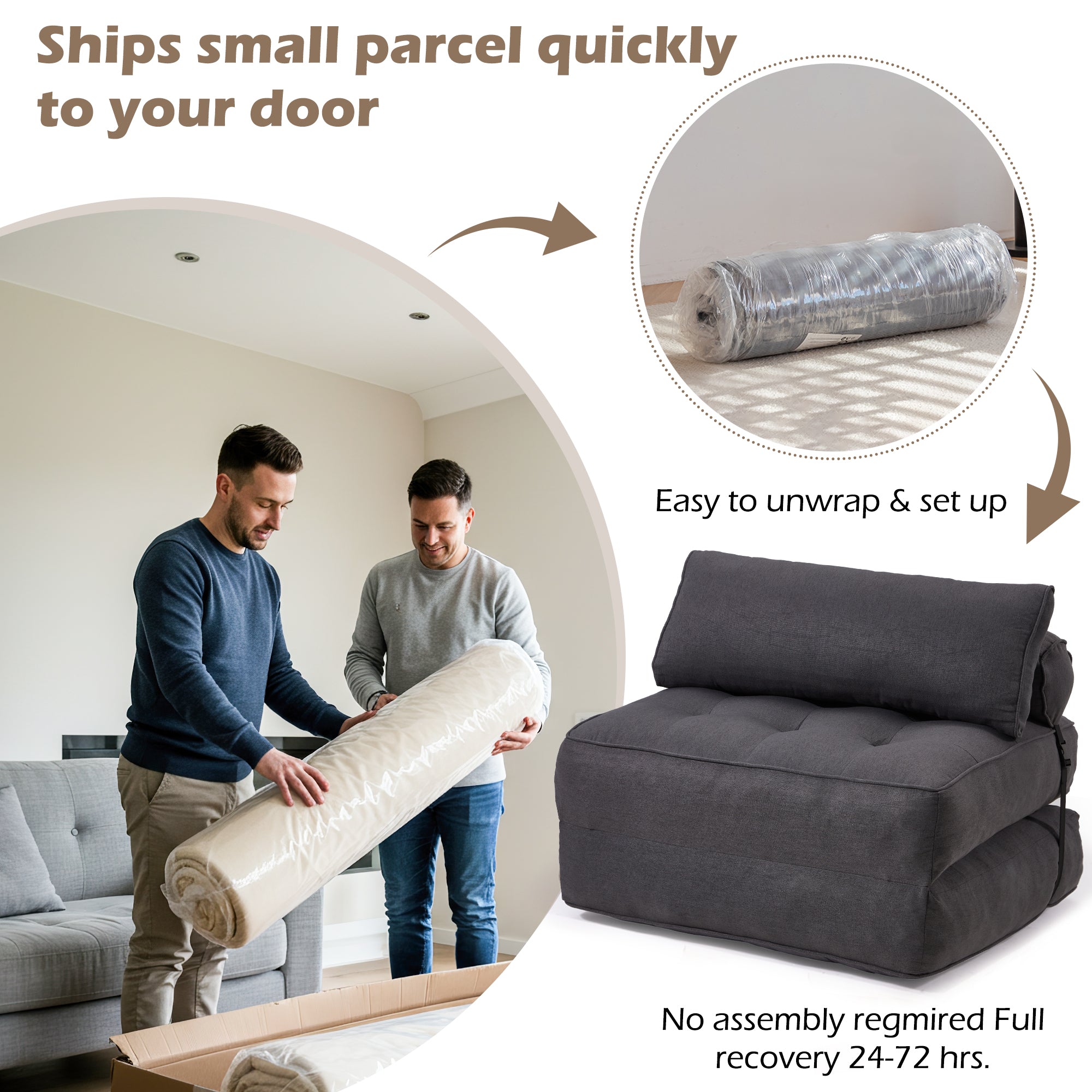 HOMREST 3-Piece Modular Sectional Sofa, Convertible Lounge Set – Foldable Couch Bed, Dark Gray