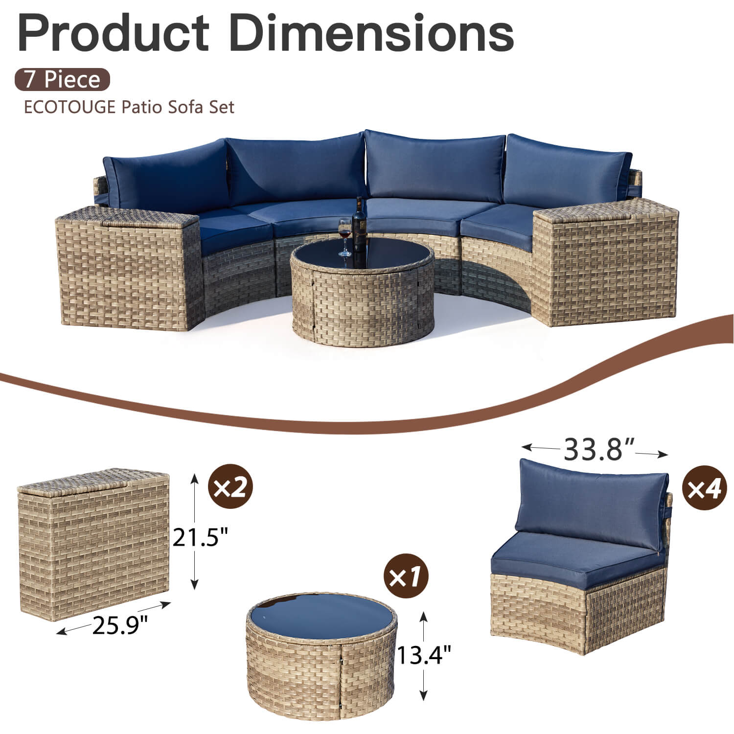 HOMREST Outdoor Patio Furniture Set, 7-Piece Half-Moon Wicker Patio Sofa Set with Storage Table, Blue
