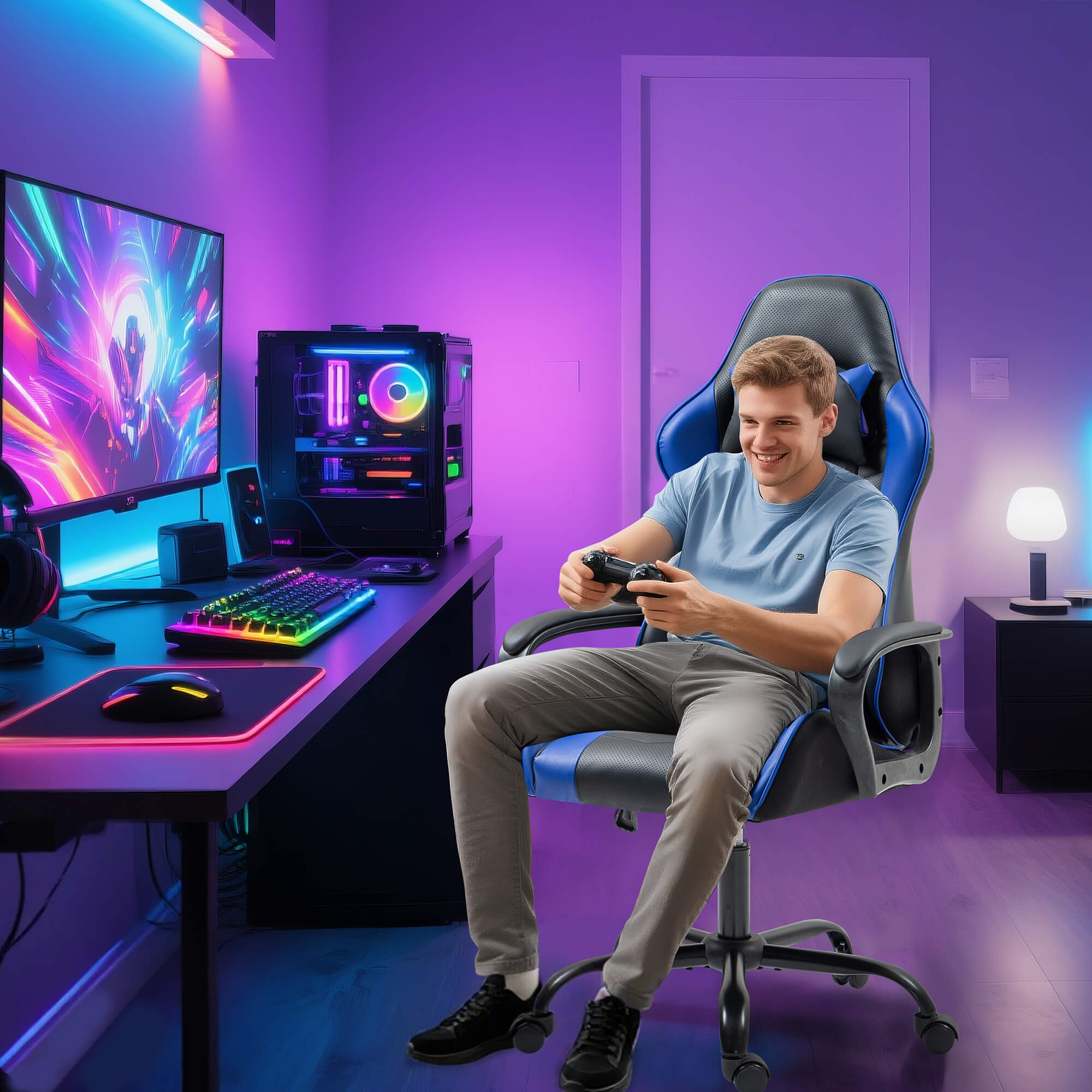 HOMREST Gaming Chair, Ergonomic Computer Gamer Chair with Massage Lumbar Support & Rocking High Back, Height Adjustable, Blue