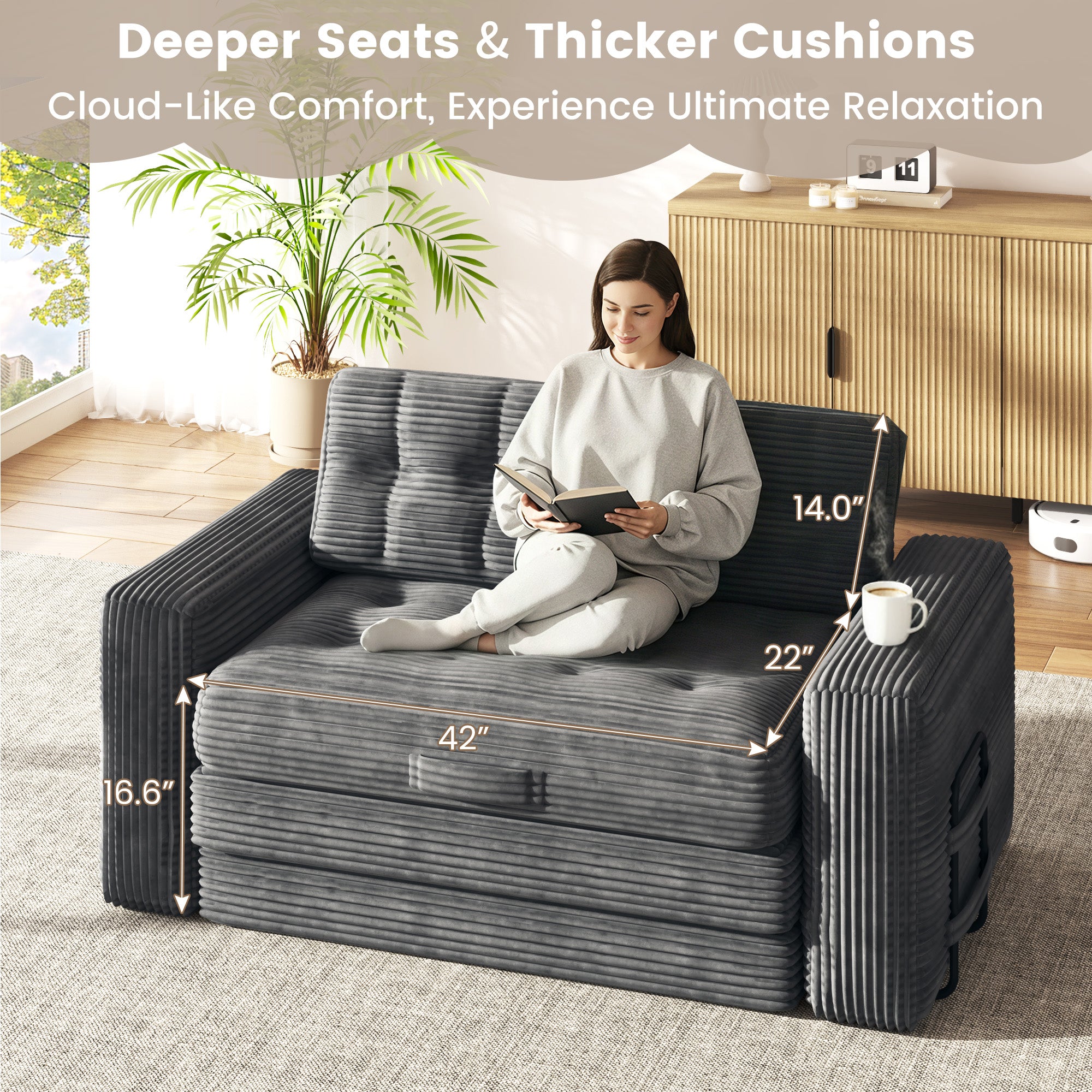 HOMREST No Assembly Needed Convertible Sofa Bed, 2 in 1 Boneless Couch Bed with 2 Pillows, Gray