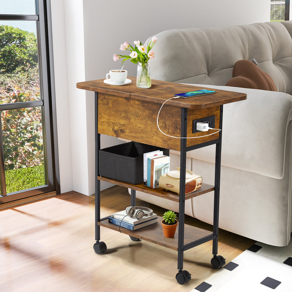 HOMREST Multi-Functional Flip Side Table, 360° Swivel Wheels & Storage Shelf for Living Room/Bedroom, Rustic Brown Wood End Table, Brown