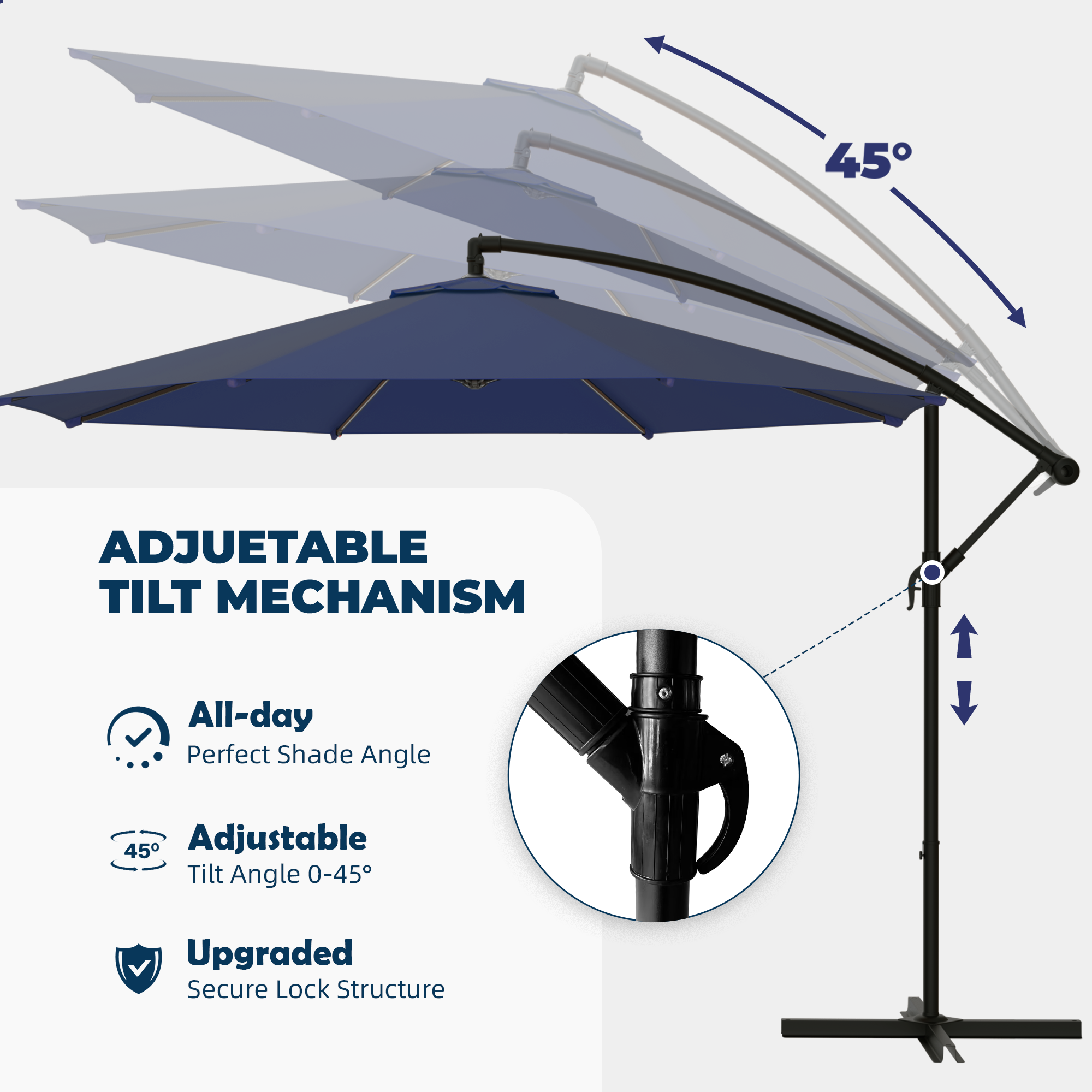 Homrest 10ft Offset Patio Umbrella - Outdoor Hanging Umbrella with Easy Tilt, 99.9% UV Protection, and Sturdy Iron Frame for Garden, Pool, Backyard, Navy