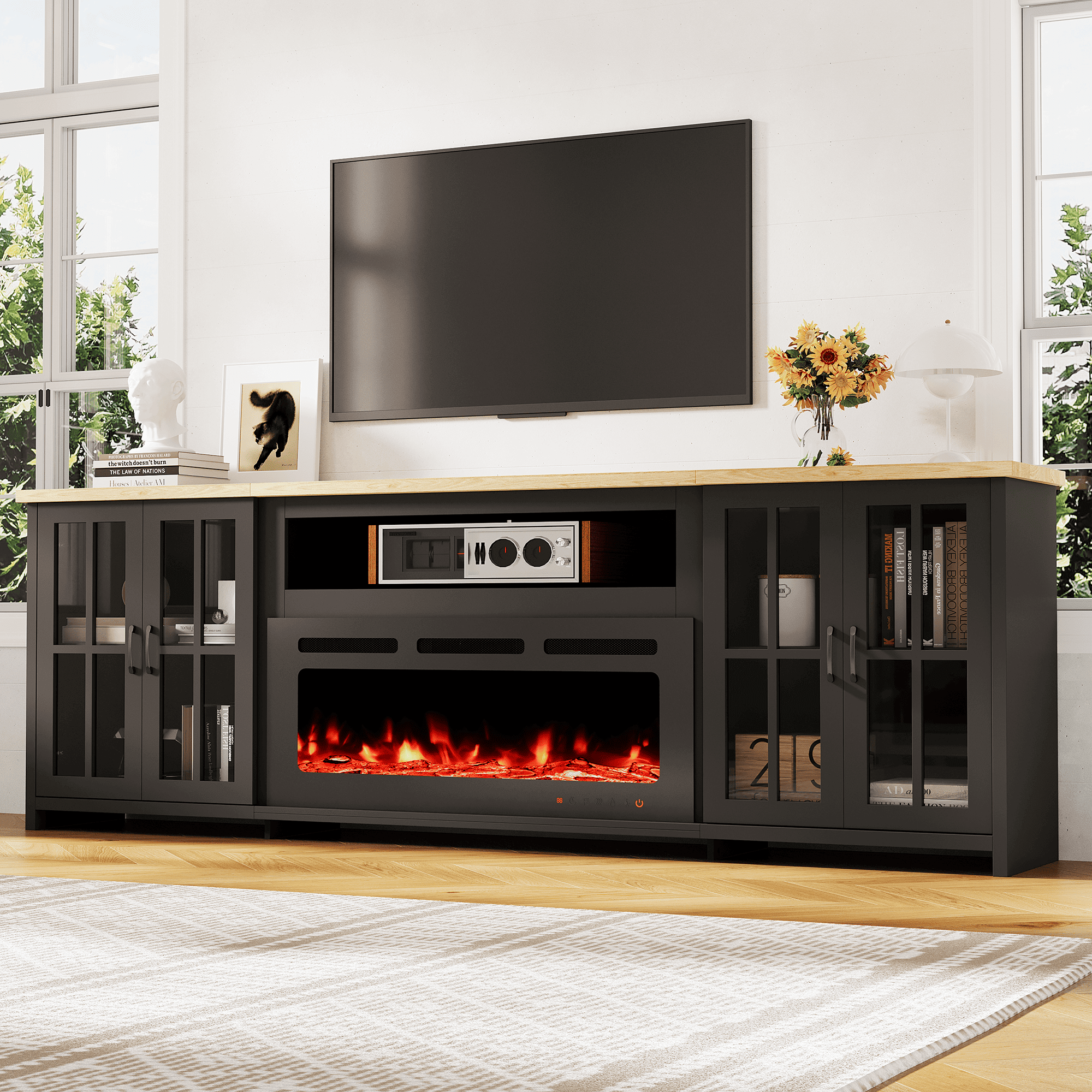 HOMREST 97 Inch Fireplace TV Stand with 42" Electric Fireplace, Fireplace Entertainment Center Media Console, Long TV Stand for Living Room, Television Stands for 100 Inch TV, Black