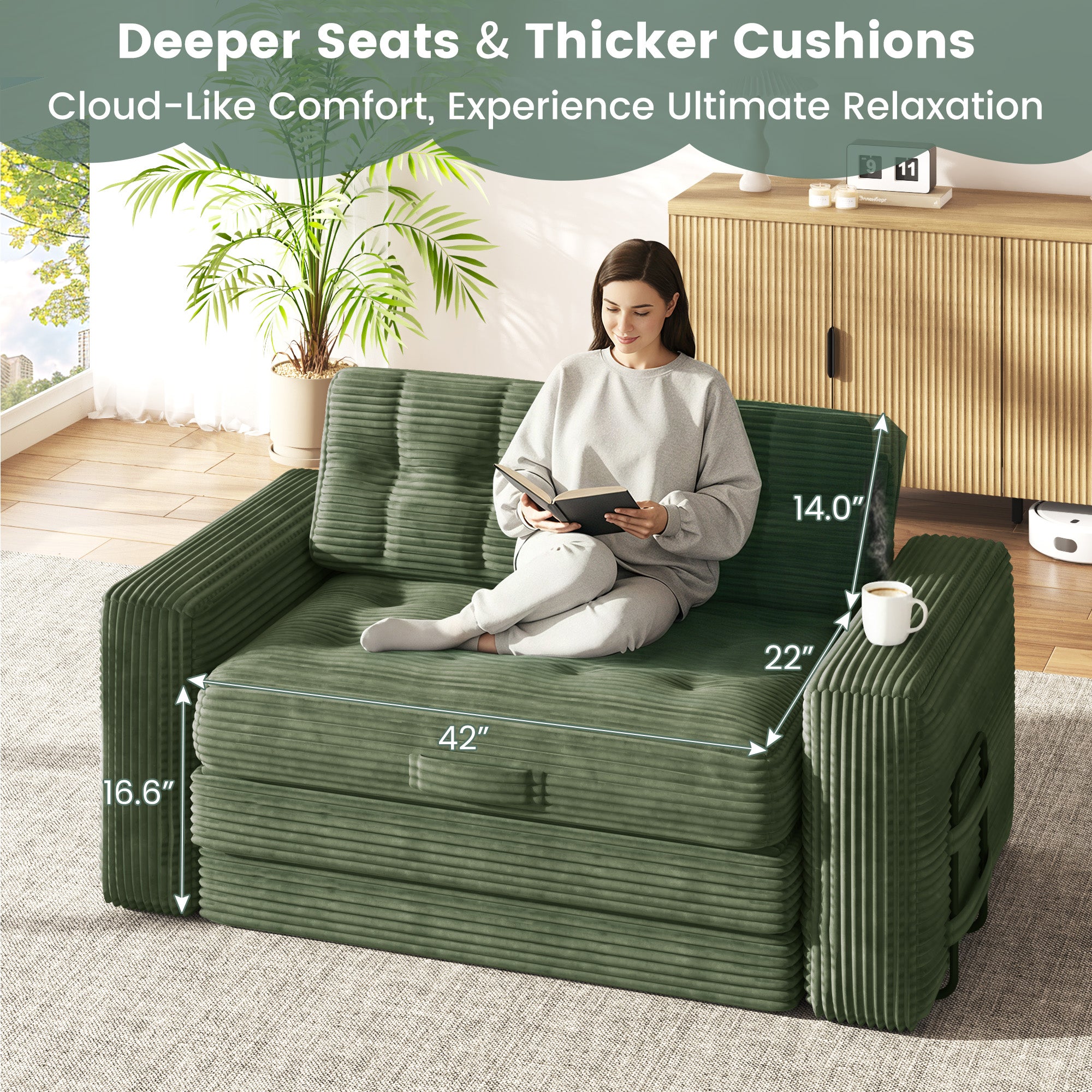 HOMREST No Assembly Needed Convertible Sofa Bed, 2 in 1 Boneless Couch Bed with 2 Pillows, Green