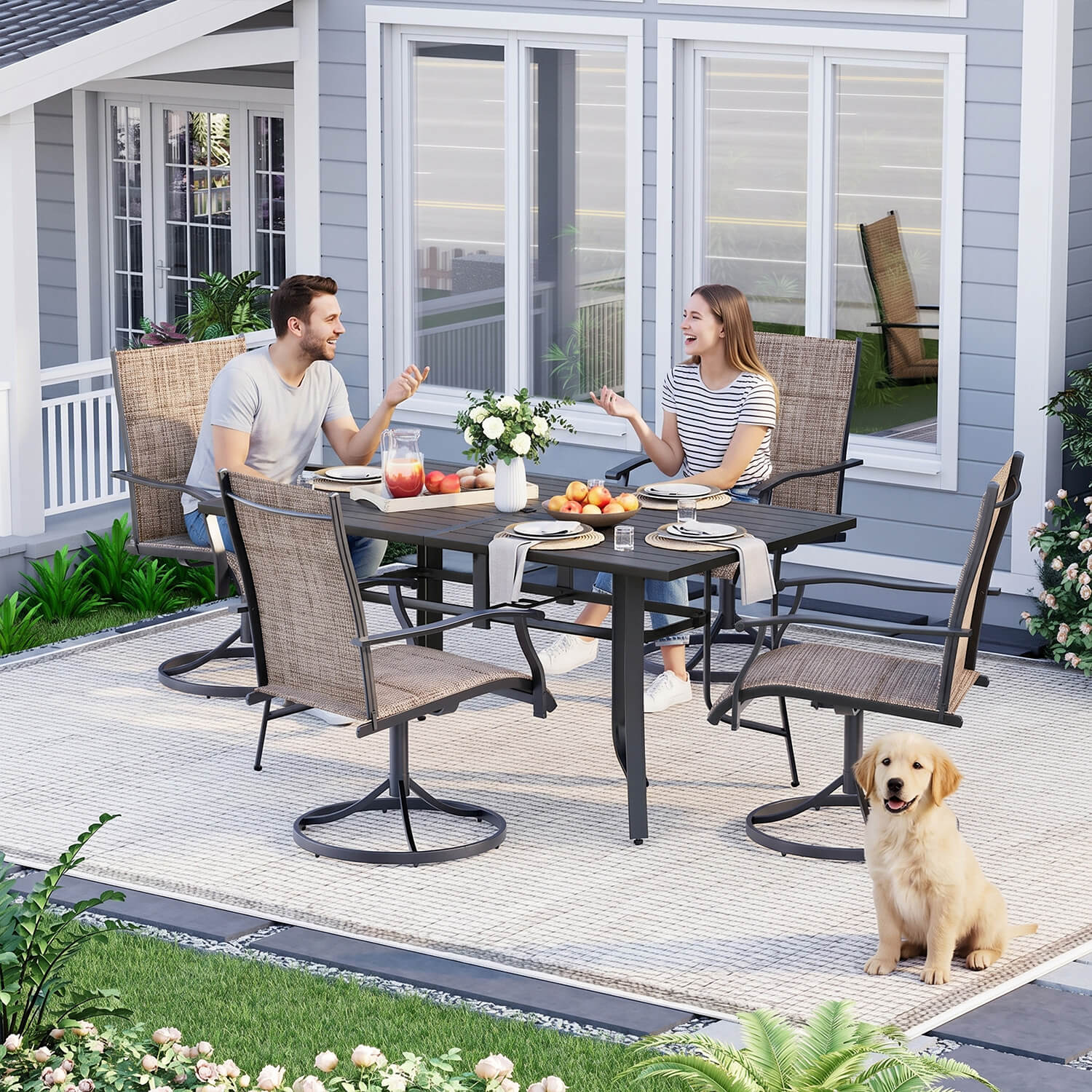 HOMREST Patio Swivel Chairs Set of 4, 360° Swivel, 15° Rocking, Outdoor Dining Chairs with Padded All Weather Quick-Drying Textilene High Back & Metal Frame, Brown