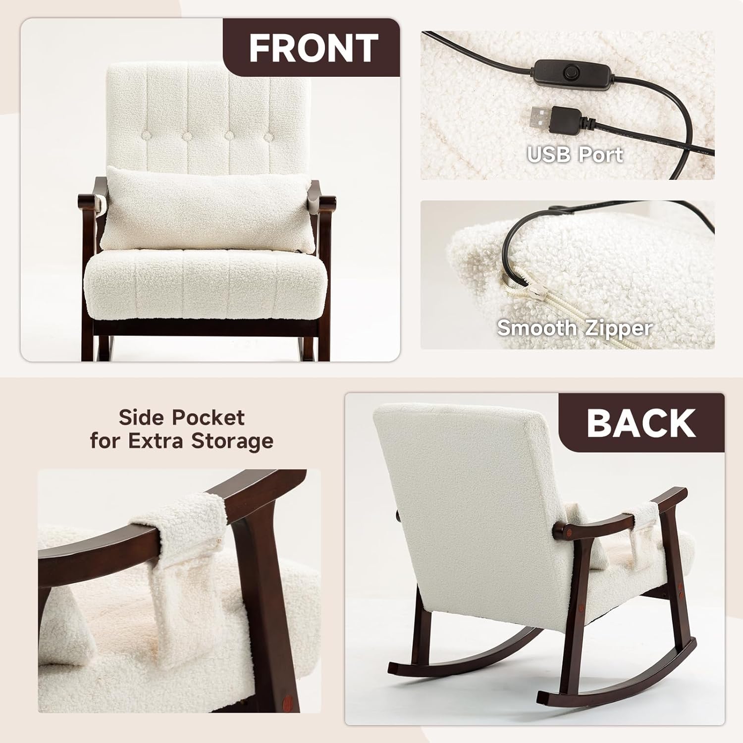 HOMREST Teddy Upholstered Rocking Chair, Small Glider Rocker with 2-Point Massage Lumbar Pillow and Solid Wood Legs, for Nursery and Living Room, White