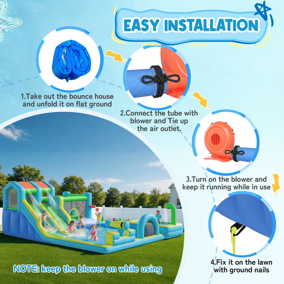Homrest Inflatable Bounce House, Bouncy House with Double Water Slide, Inflatable Bouncy Castle Water Bounce House with Blower, Climbing Wall, Jumping, Splash Pool for Kids Indoor Outdoor