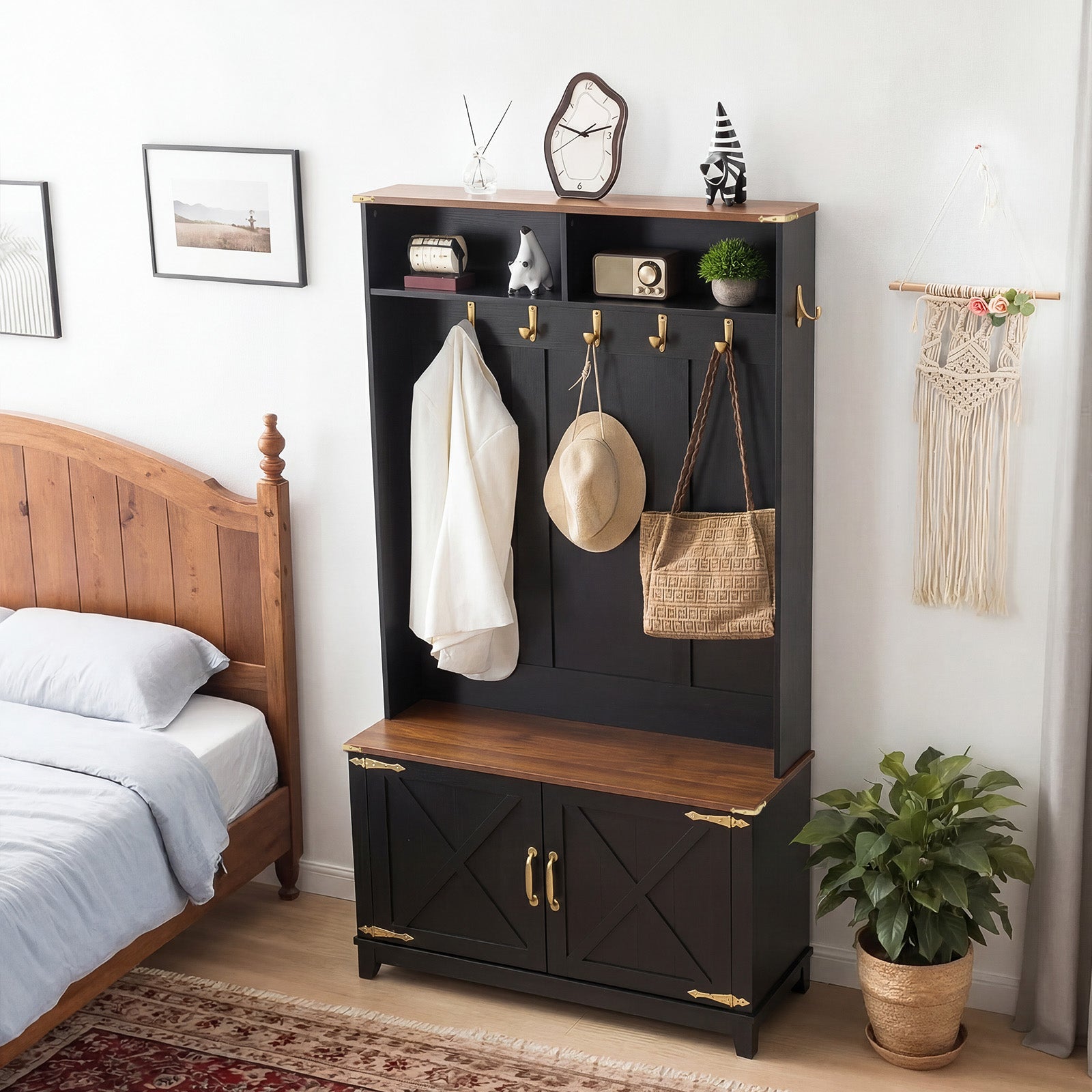 HOMREST 38" Farmhouse Hall Tree with Bench and Shoe Storage, Entryway Bench with Coat Rack, 2 Open Compartments, 7 Coat Hooks, Barn Door & Adjustable Shelf, Black