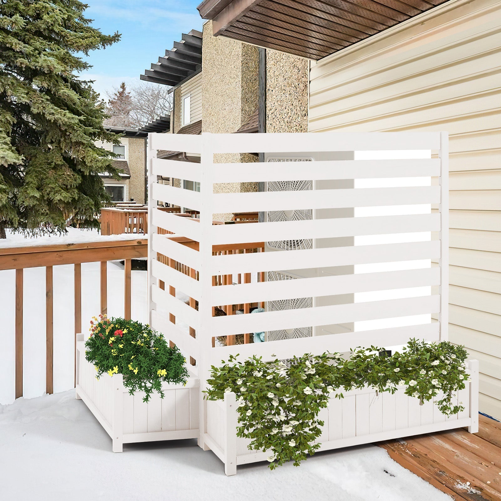 HOMREST 2-Pack No-Dig Privacy Fence Planter, Wood Outdoor Screen Air Conditioner Fence for AC Unit, Trash & Flower Bed, Weather-Resistant, 36" W x 45" H, White