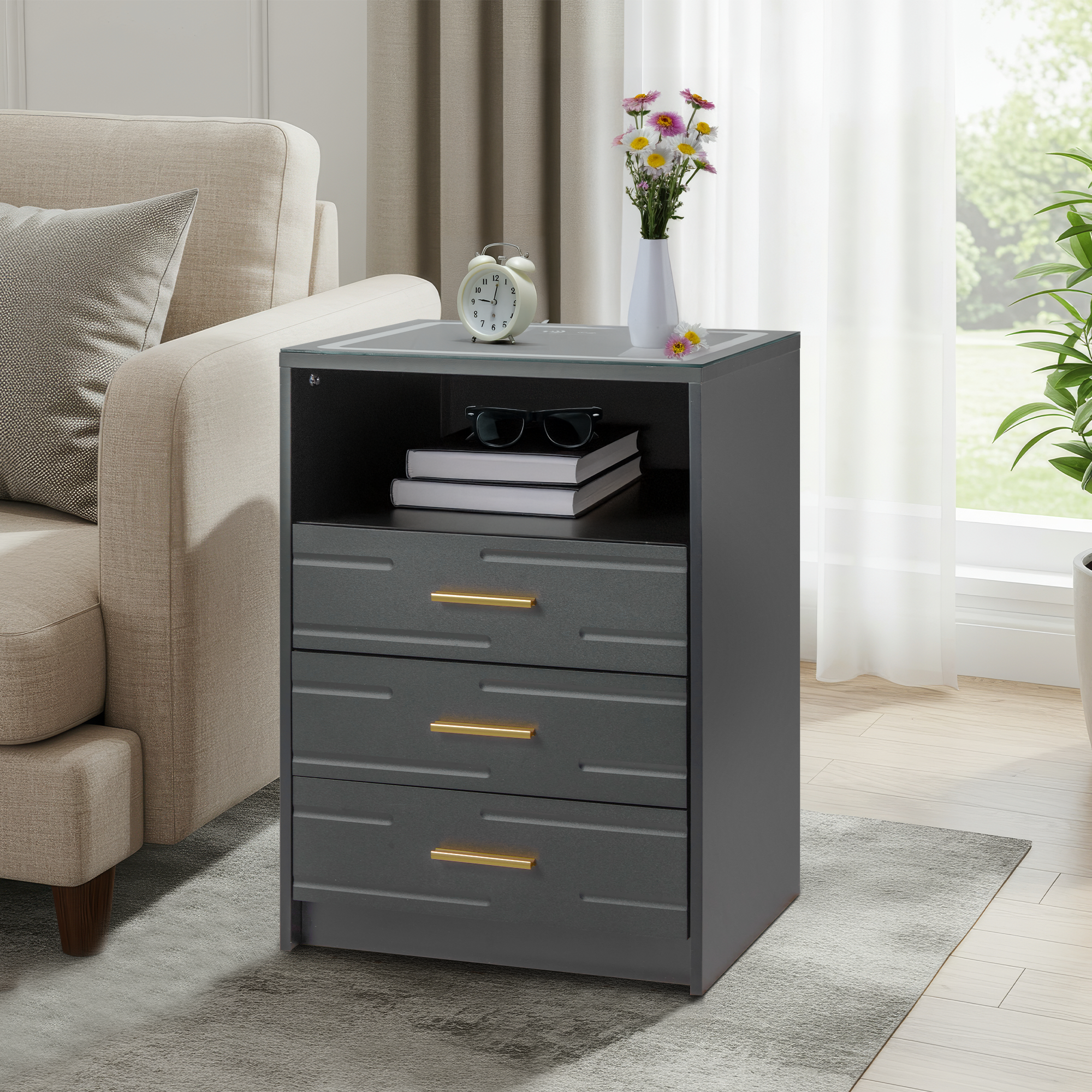 HOMREST LED Nightstand with Wireless Charging, Smart Bedside Table with Drawers & Adjustable LED Lights, Gray