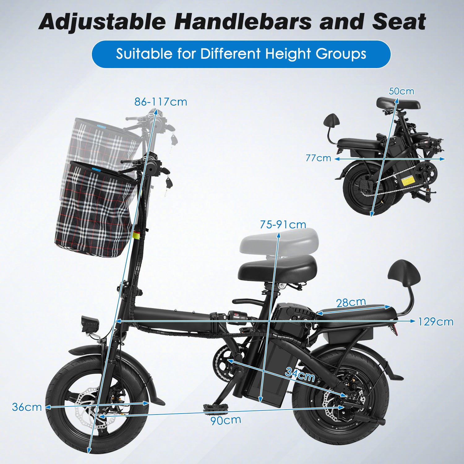 HOMREST Foldable Electric Bike, 2 Seat 14" Adults Ebike|500W |20MPH |30+Miles | Removable 48V 7.8Ah Battery,3 Riding Modes,Dual Disc Brakes, Black