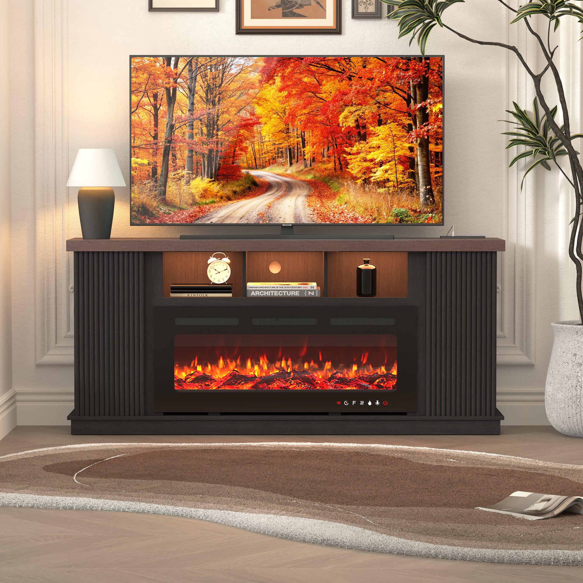 HOMREST 70 Inch TV Cabinet with Electric Fireplace, fire place tv stands for living room, LED Light Bar, Dark Walnut Color
