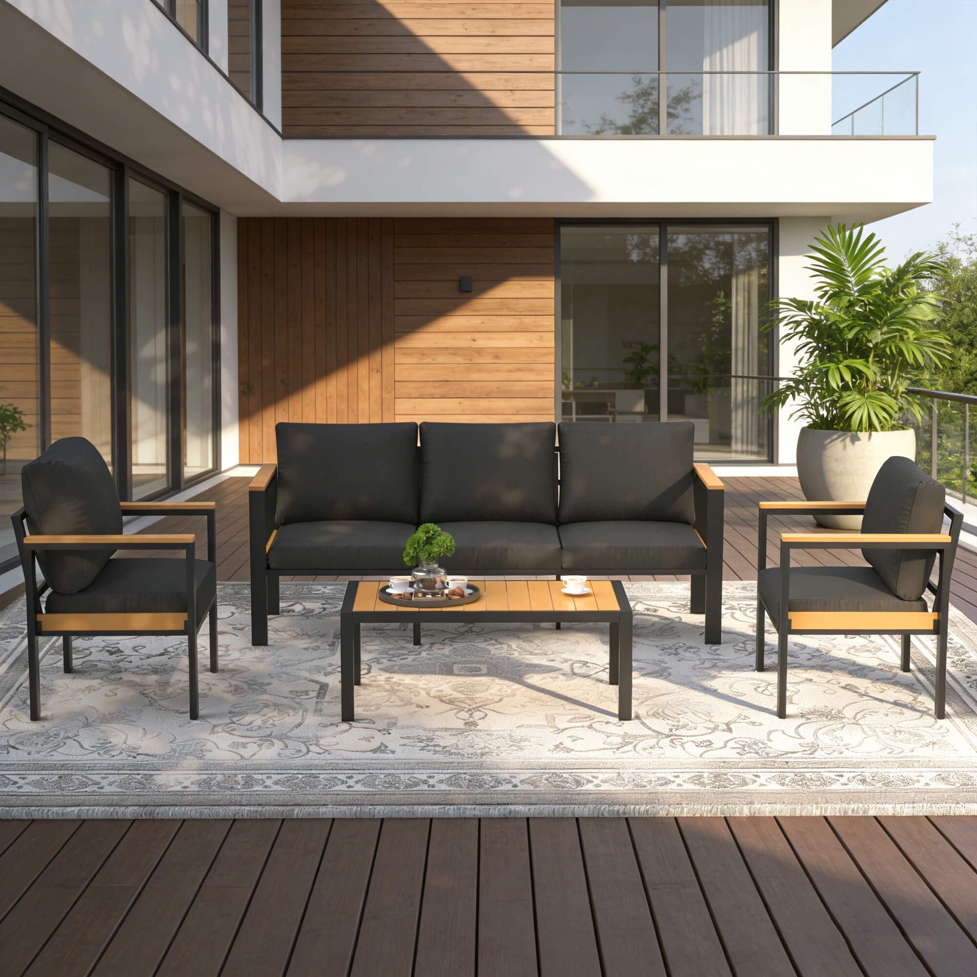 HOMREST 5 Piece Patio Furniture Set, Metal Patio Conversation Set with Coffee Table, All-Weather Outdoor Furniture, Black