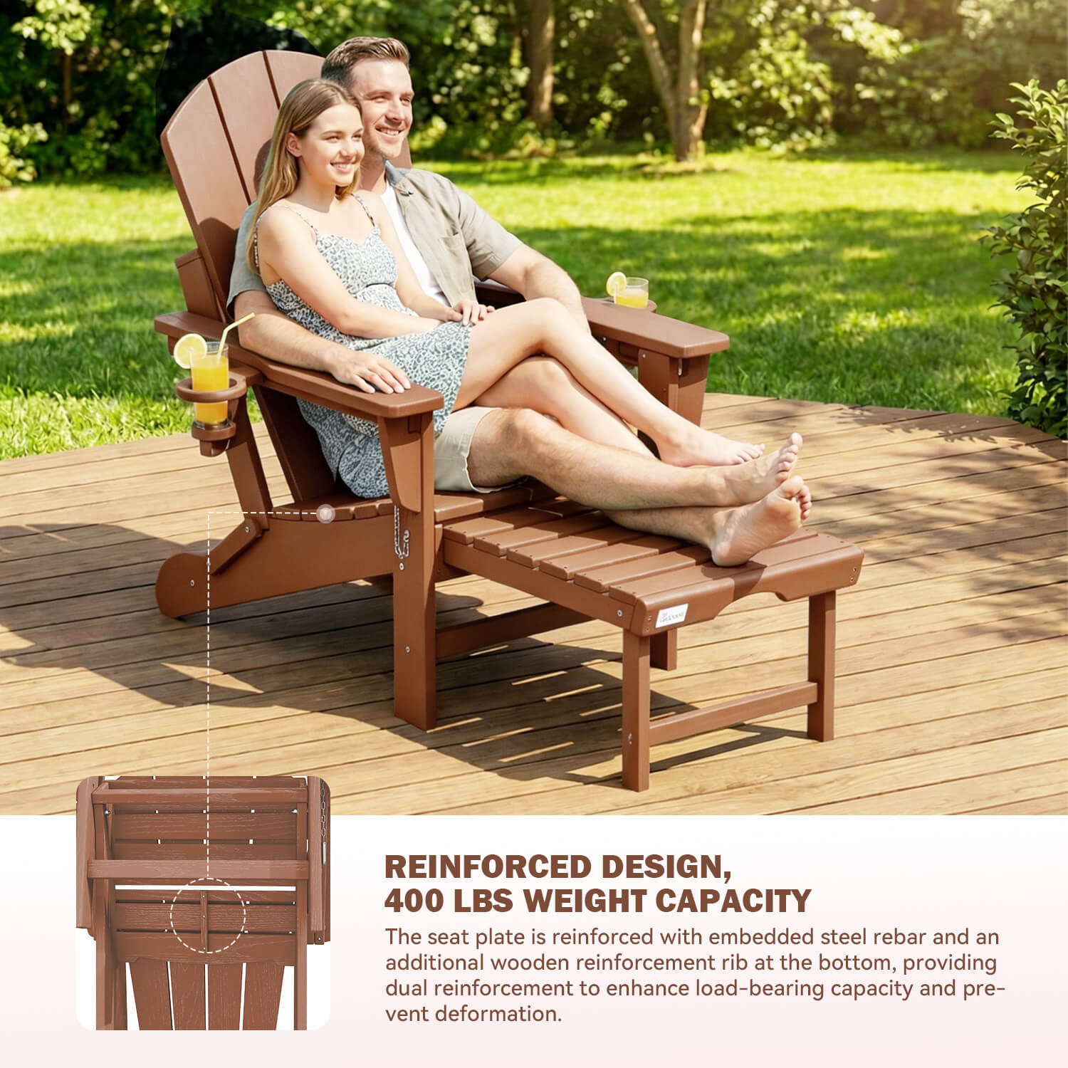 HOMREST 3-Level  Adjustable Adirondack Chair with Retractable Ottoman, Folding HDPE Outdoor Chair with Cup Holders, Teak