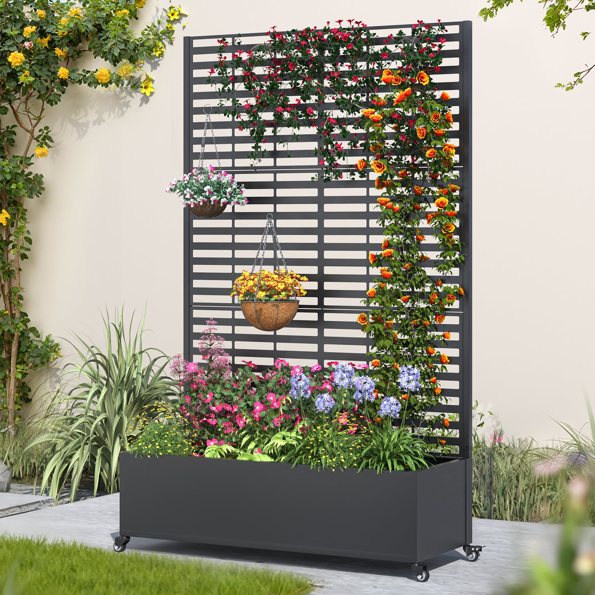 HOMREST Metal Planter Box with Trellis, 73"x 47"x 16" Raised Garden Bed with Wheels and Drainage Holes, Planter with Trellis for Garden, Balcony and Patio, Black